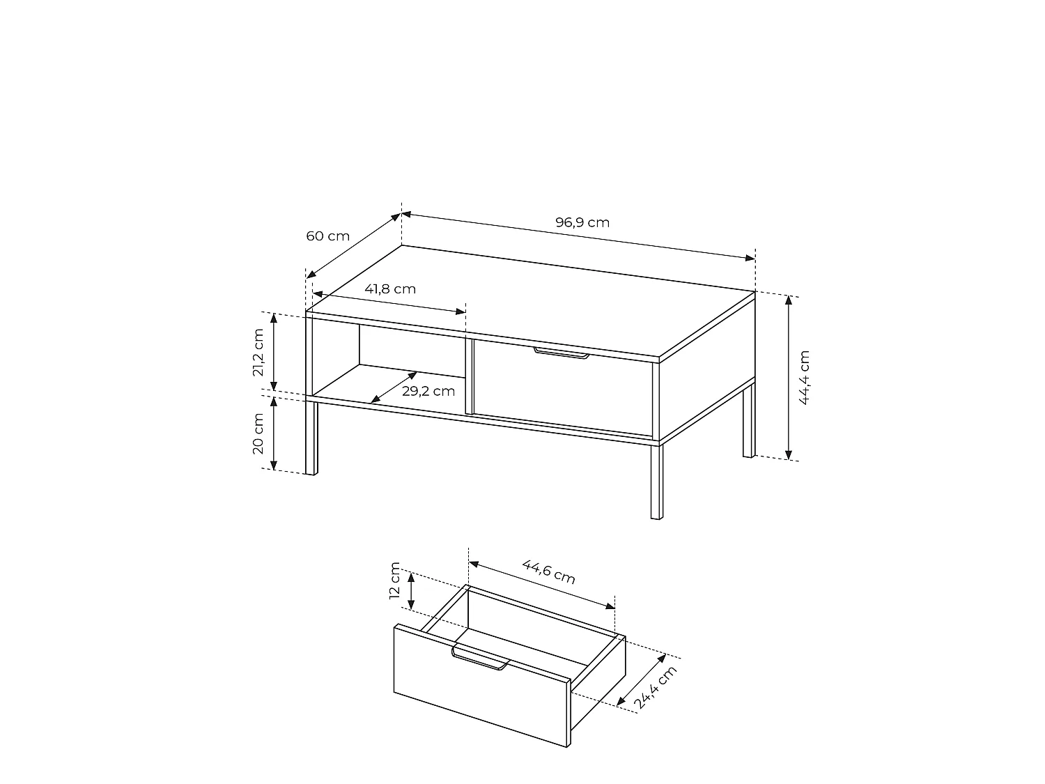 Tavolino da soggiorno moderno 97X44cm con due cassetti antracite con dettagli oro TLK5