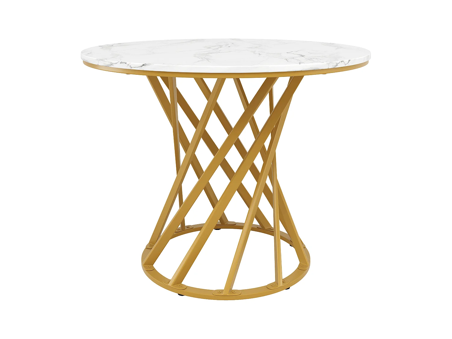 Tavolo da pranzo rotondo con piano in marmo bianco impiallacciato e gambe a spirale in metallo dorato - 80x80x76cm