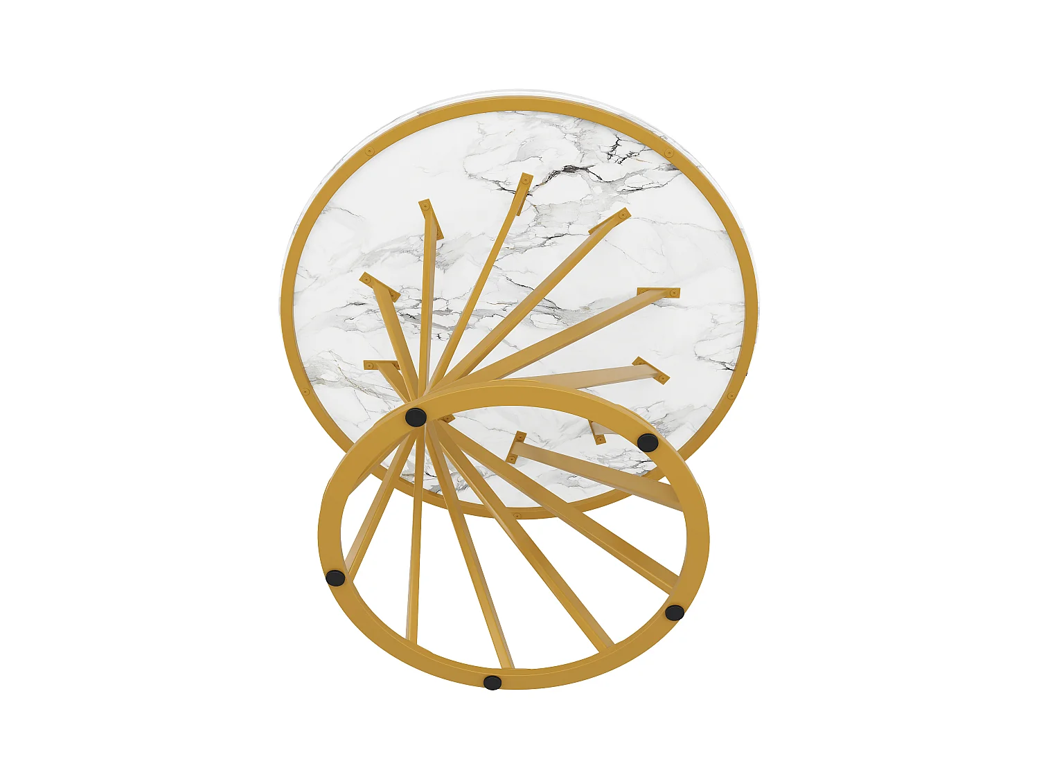 Tavolo da pranzo rotondo con piano in marmo bianco impiallacciato e gambe a spirale in metallo dorato - 80x80x76cm