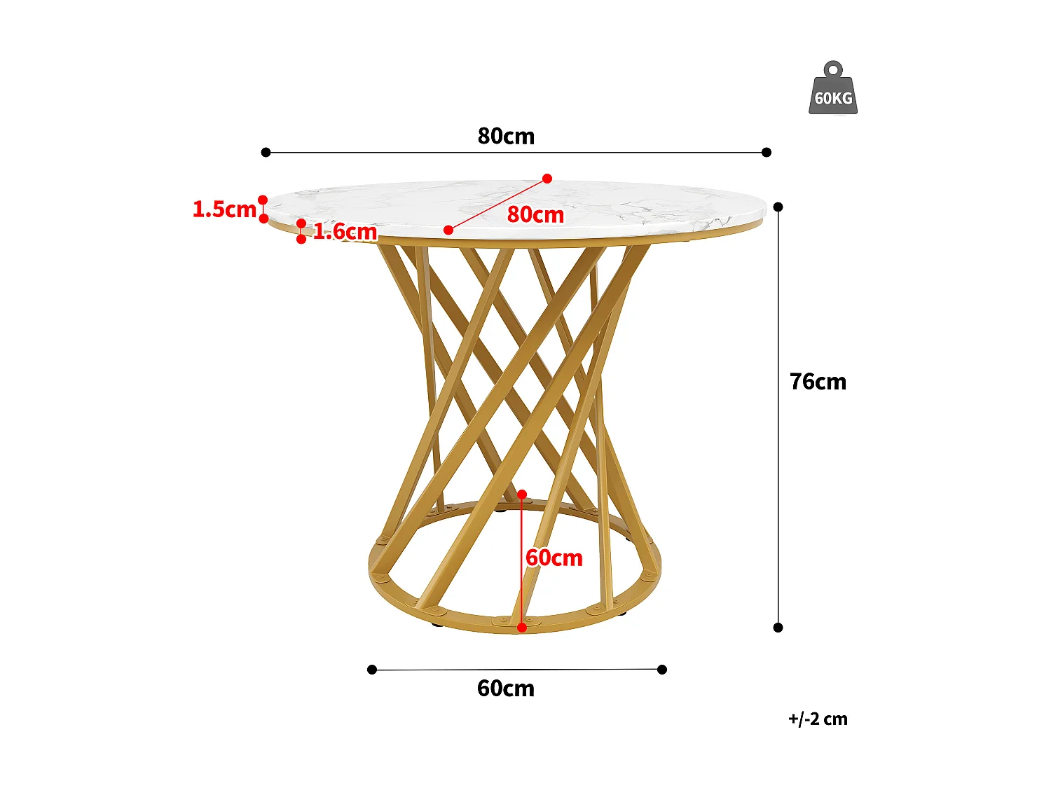 Mesa de jantar redonda com tampo em folheado de mármore branco e pés em espiral de metal dourado - 80x80x76cm