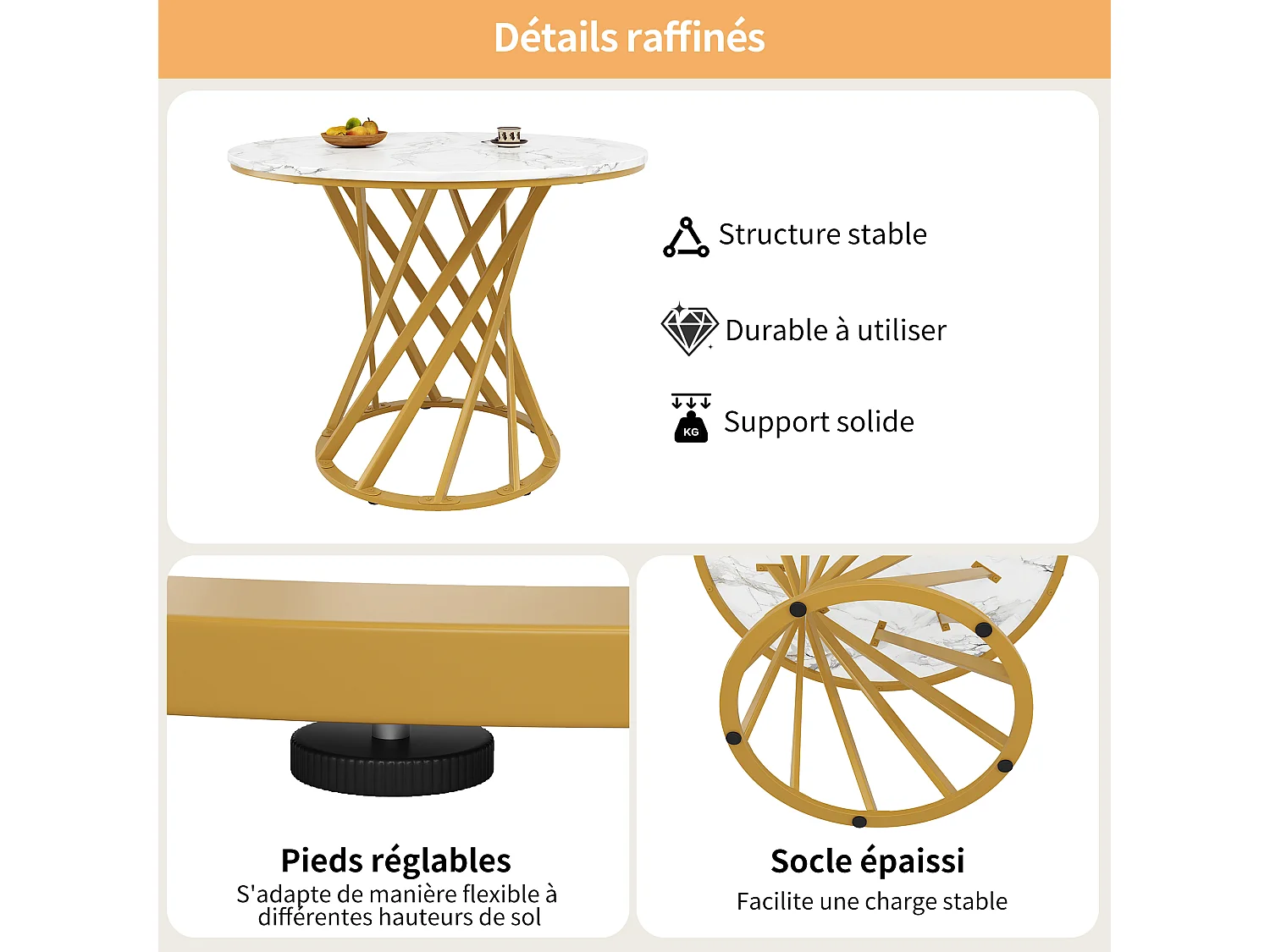 Mesa de jantar redonda com tampo em folheado de mármore branco e pés em espiral de metal dourado - 80x80x76cm