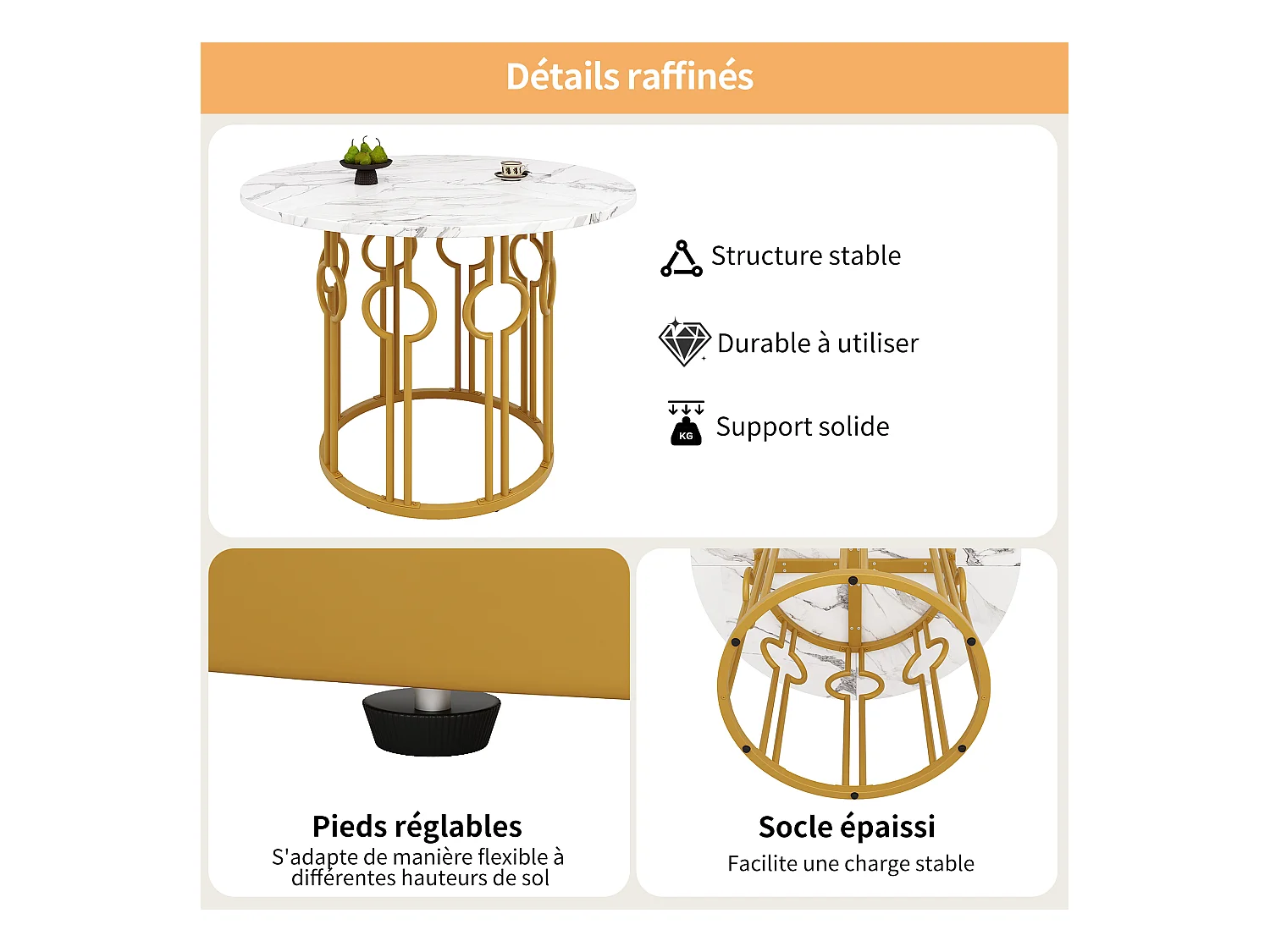 Table à manger ronde avec plateau en placage marbre blanc, pieds central en métal doré - 100x100x76cm