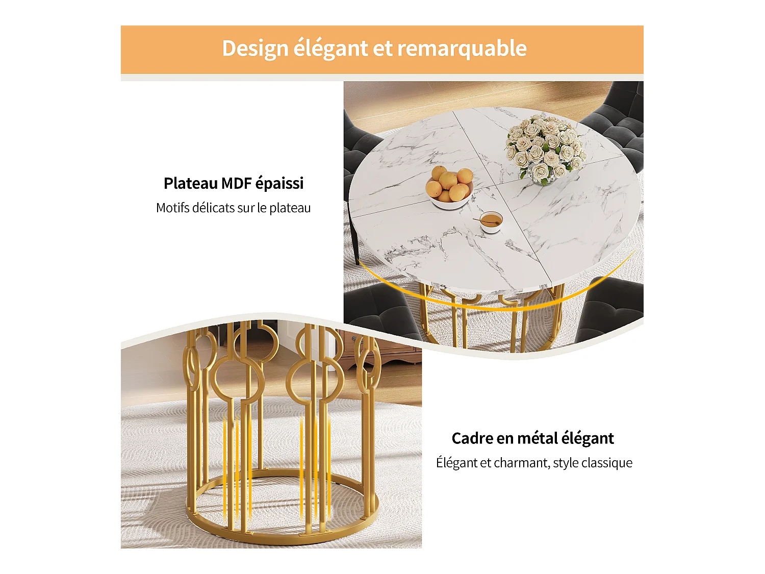 Table à manger ronde avec plateau en placage marbre blanc, pieds central en métal doré - 100x100x76cm