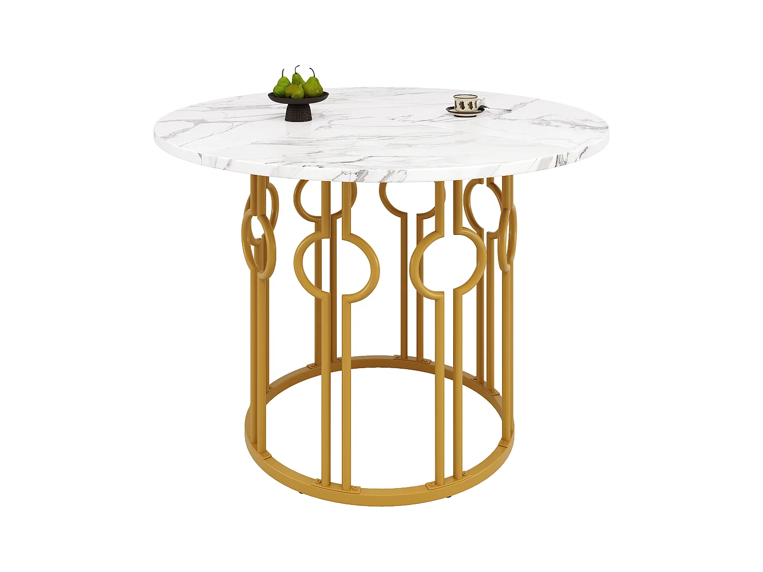 Table à manger ronde avec plateau en placage marbre blanc, pieds central en métal doré - 100x100x76cm