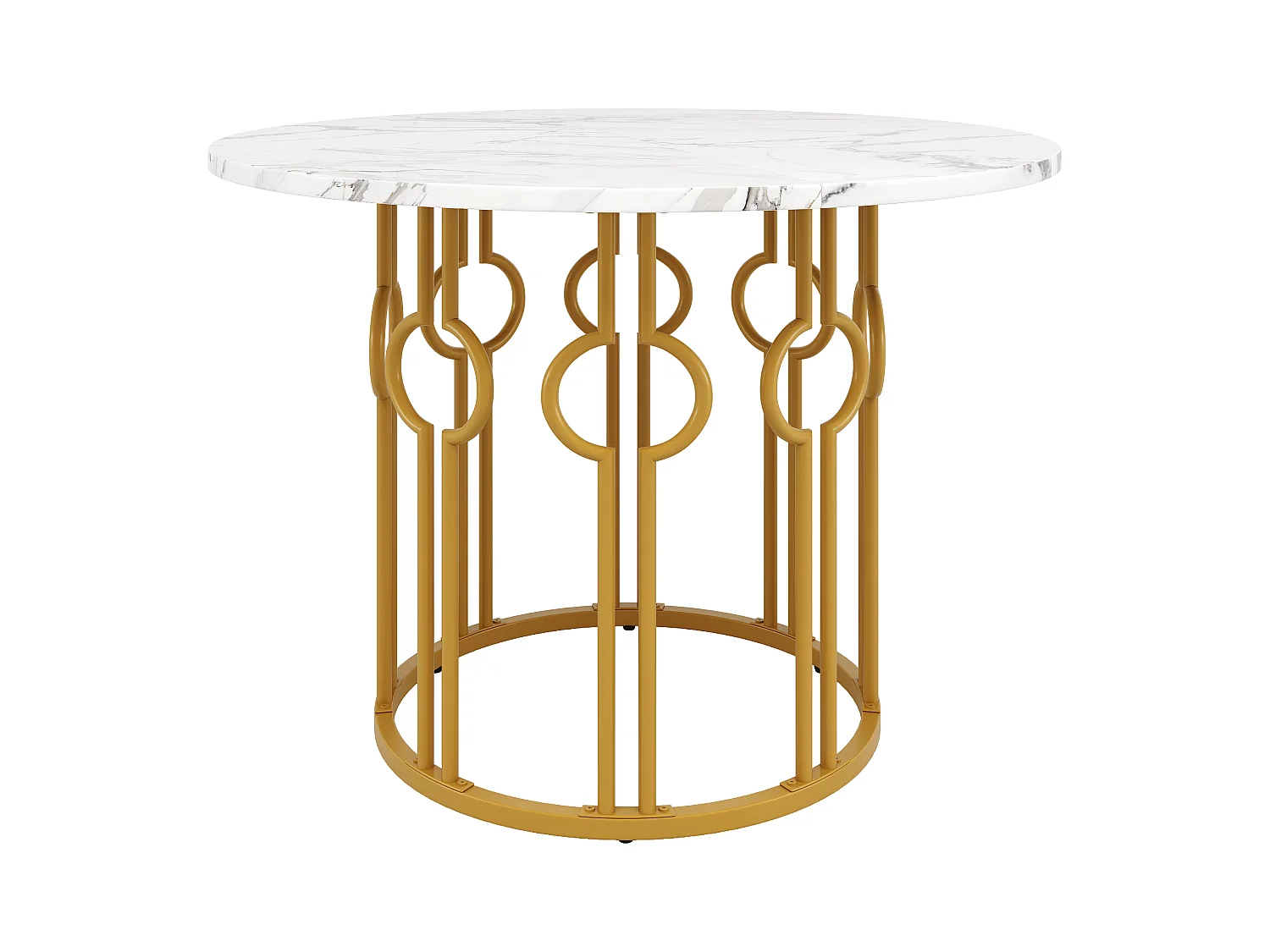 Tavolo da pranzo rotondo con piano in marmo bianco impiallacciato, gambe centrali in metallo dorato - 100x100x76cm