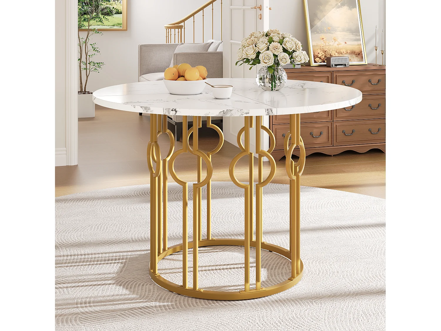 Mesa de jantar redonda com tampo em folheado de mármore branco, pés centrais em metal dourado - 100x100x76cm