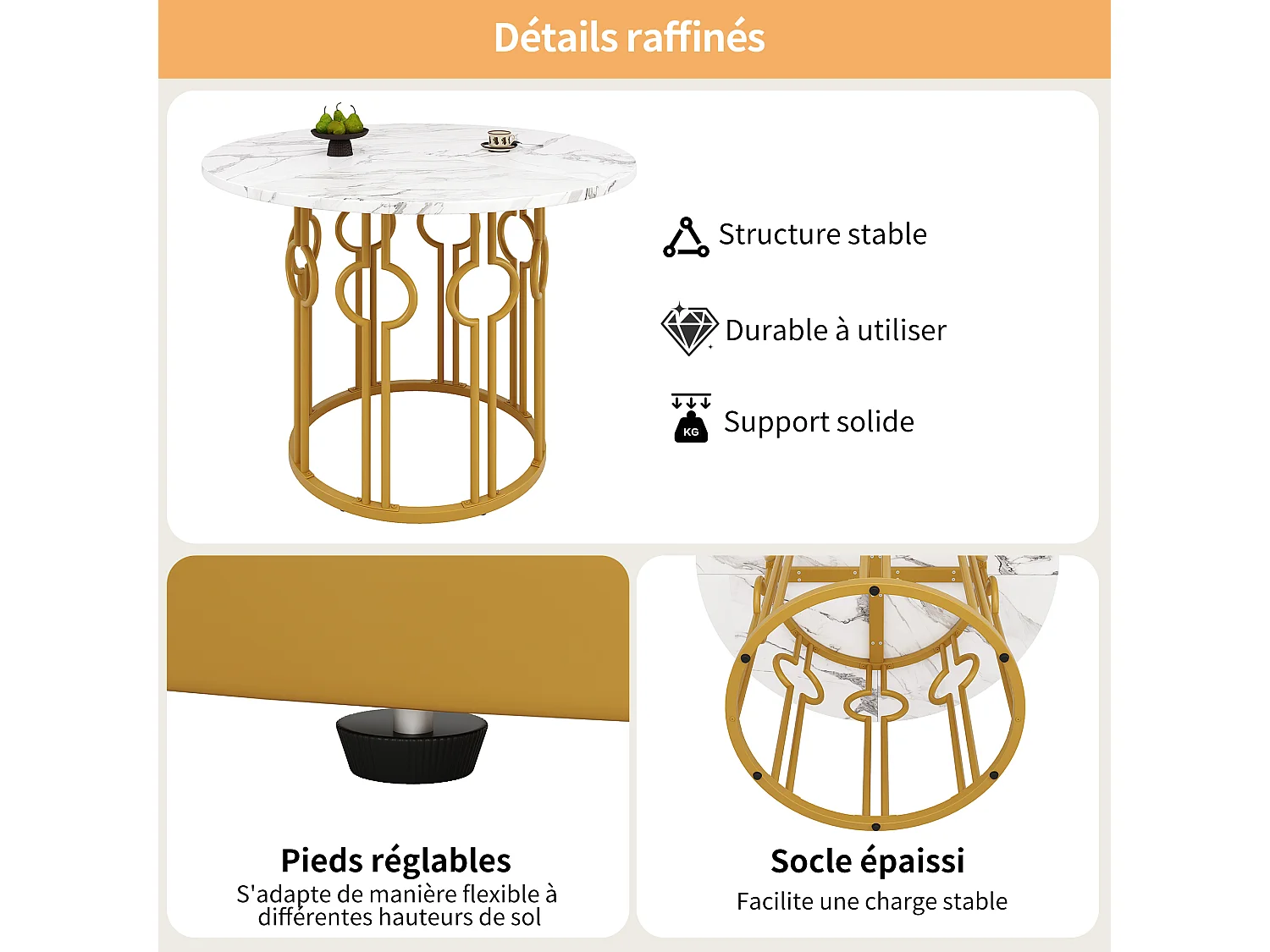 Mesa de jantar redonda com tampo em folheado de mármore branco, pés centrais em metal dourado - 100x100x76cm