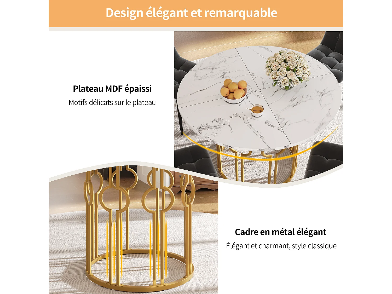 Mesa de jantar redonda com tampo em folheado de mármore branco, pés centrais em metal dourado - 100x100x76cm