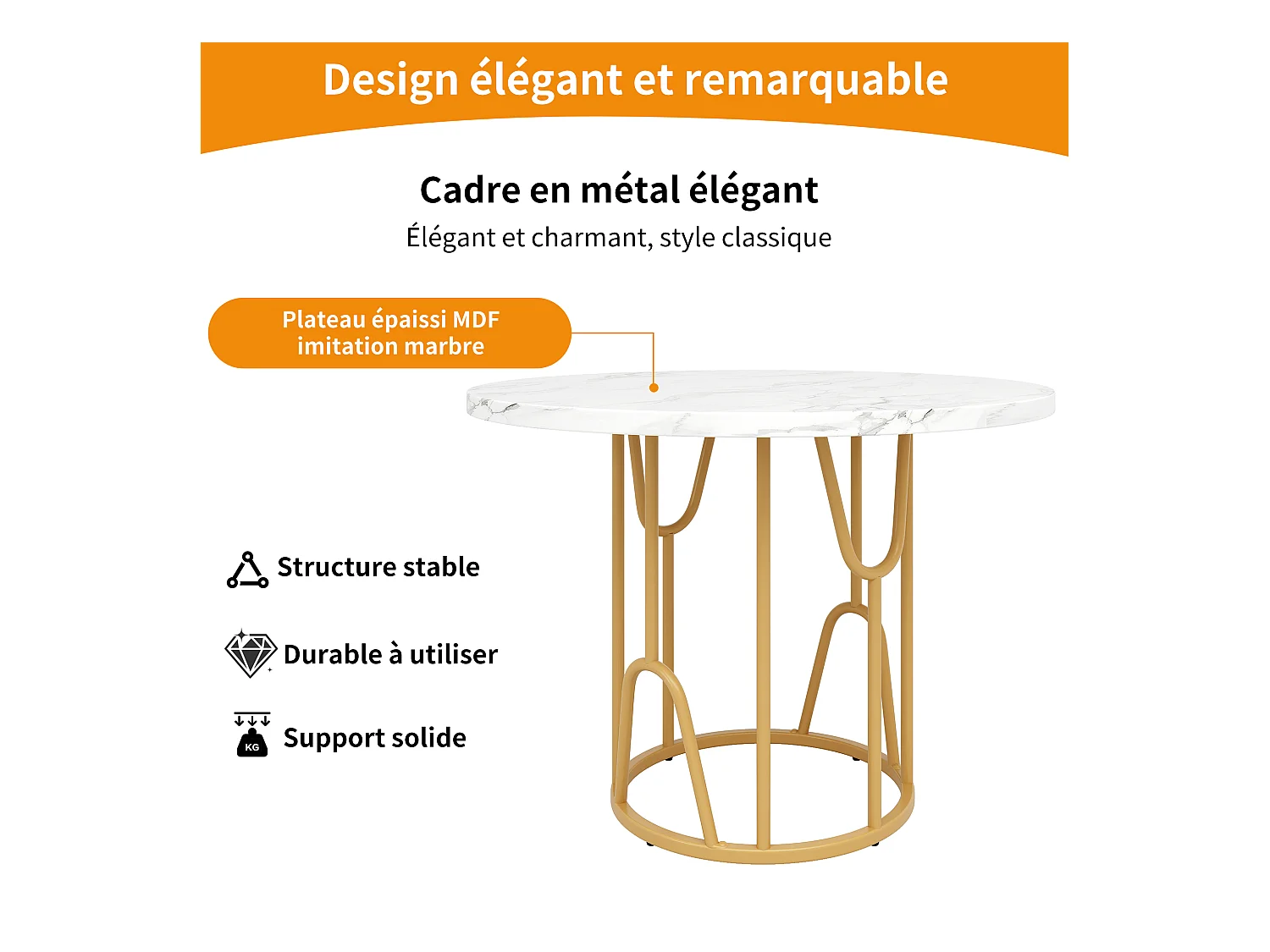 Table à manger ronde 2 personnes, plateau en placage marbre blanc avec pieds central en métal doré - 80x80x76cm
