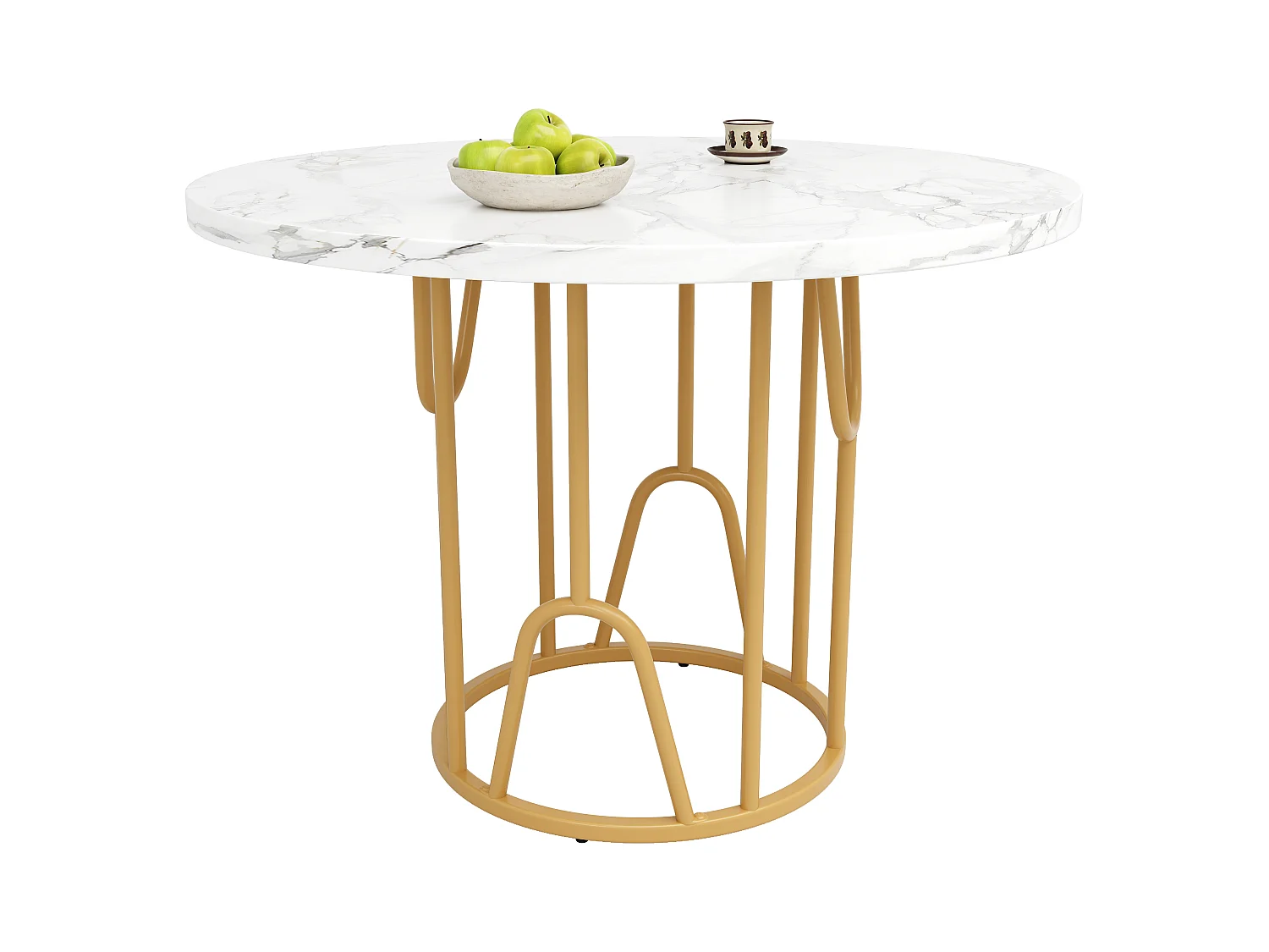 Table à manger ronde 2 personnes, plateau en placage marbre blanc avec pieds central en métal doré - 80x80x76cm