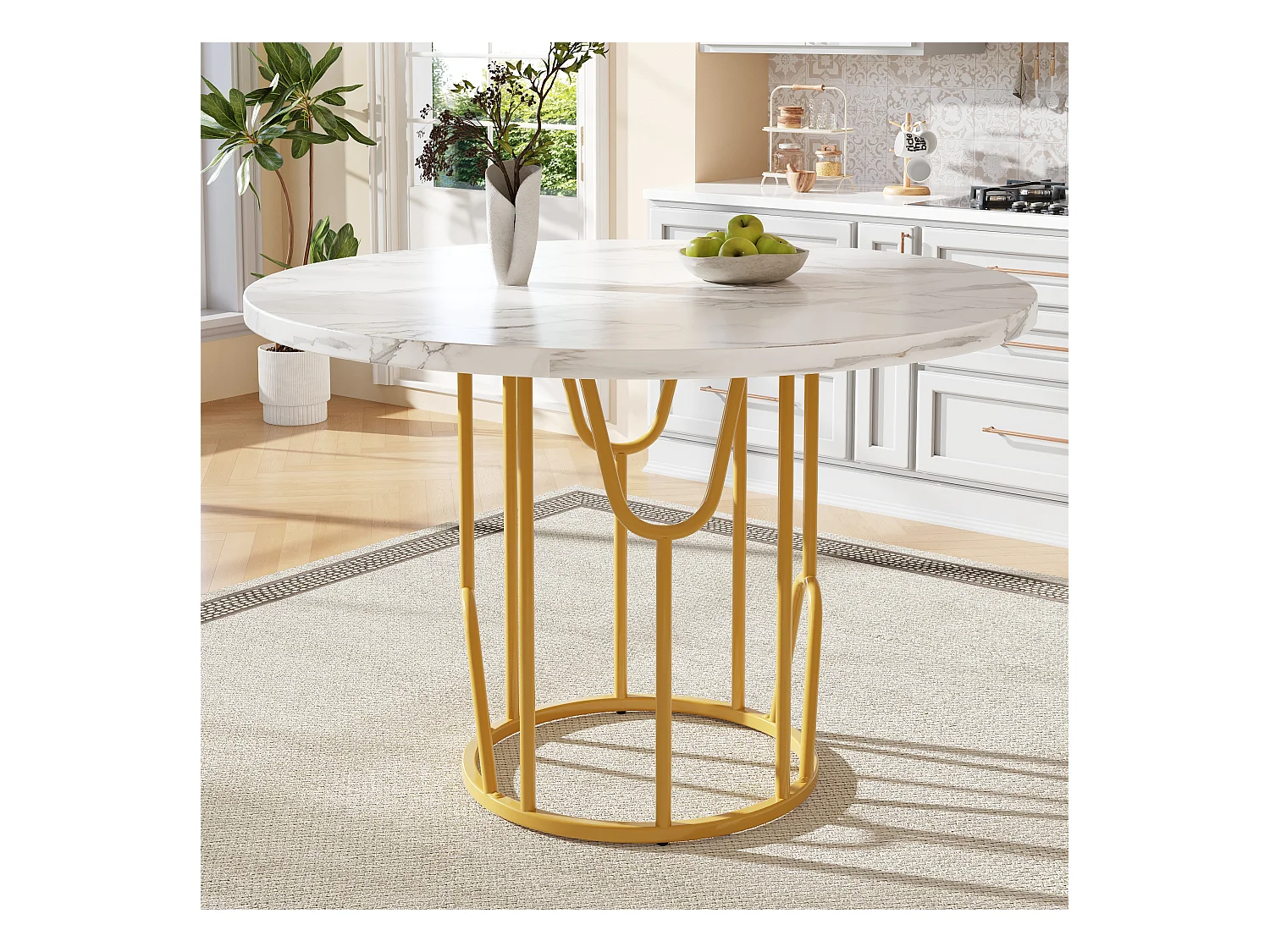 Ronde eettafel voor 2 personen, blad van wit marmerfineer met centrale poten van goudkleurig metaal - 80x80x76cm