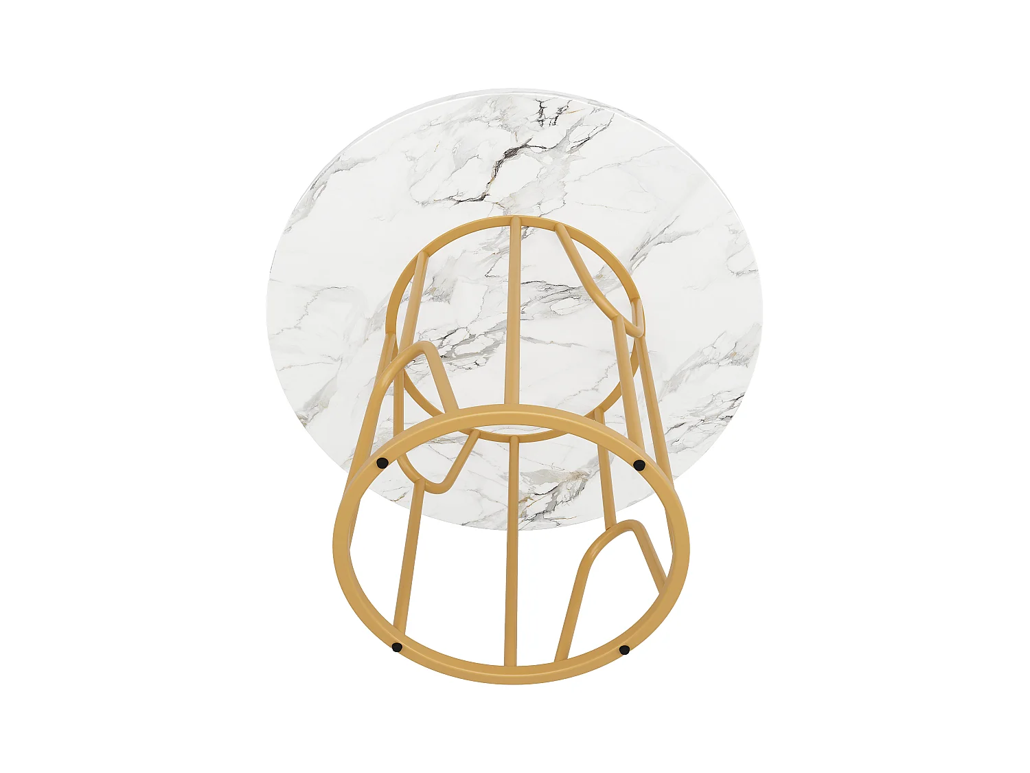 Ronde eettafel voor 2 personen, blad van wit marmerfineer met centrale poten van goudkleurig metaal - 80x80x76cm