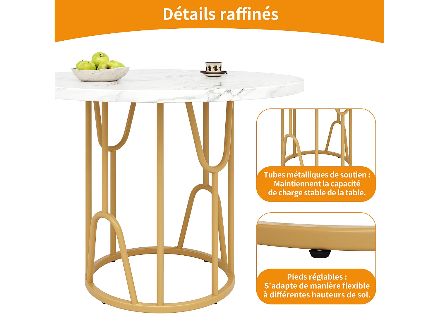 Table à manger ronde 2 personnes, plateau en placage marbre blanc avec pieds central en métal doré - 80x80x76cm