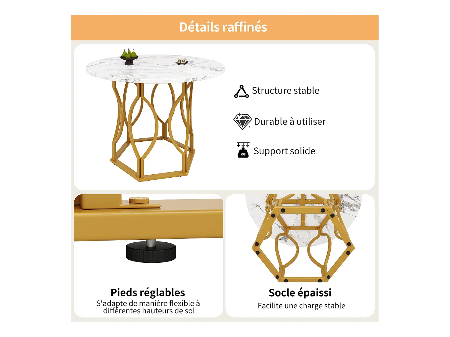 Tavolo da pranzo rotondo con piano in marmo bianco impiallacciato, struttura in metallo dorato - 100x100x76cm