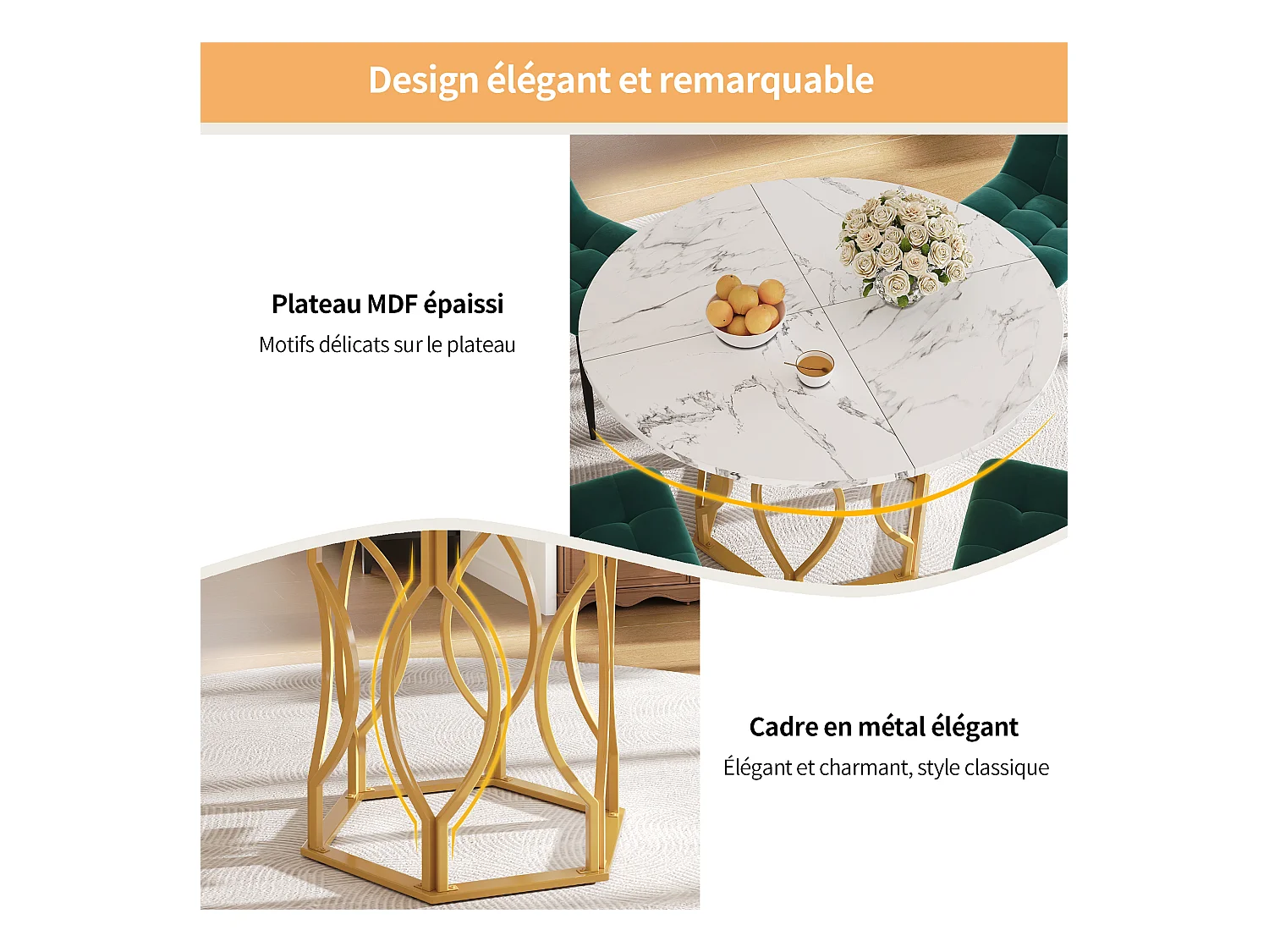 Tavolo da pranzo rotondo con piano in marmo bianco impiallacciato, struttura in metallo dorato - 100x100x76cm