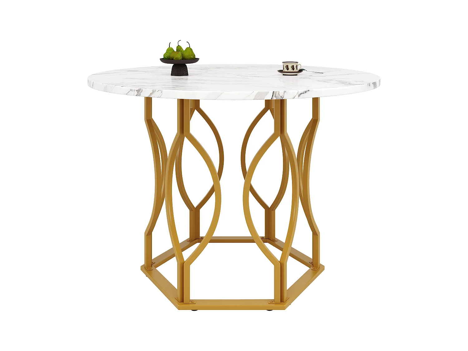 Tavolo da pranzo rotondo con piano in marmo bianco impiallacciato, struttura in metallo dorato - 100x100x76cm