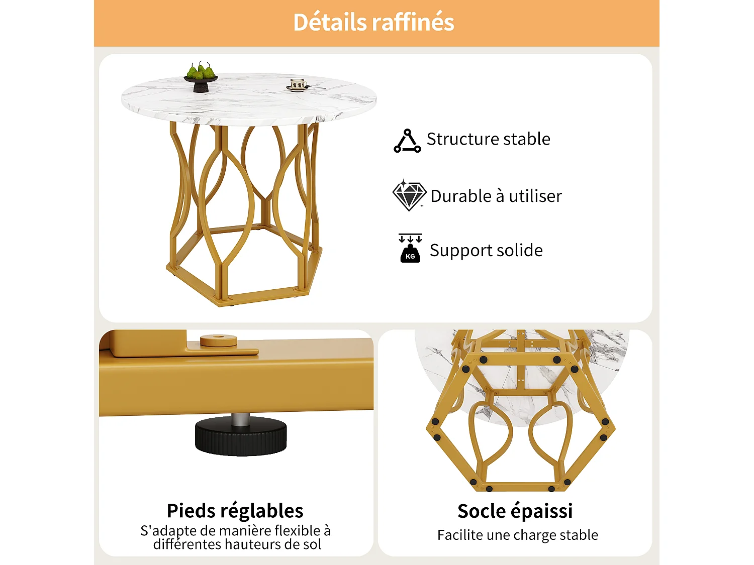 Table à manger ronde avec plateau en placage effet marbre blanc, cadre en métal doré - 100x100x76cm