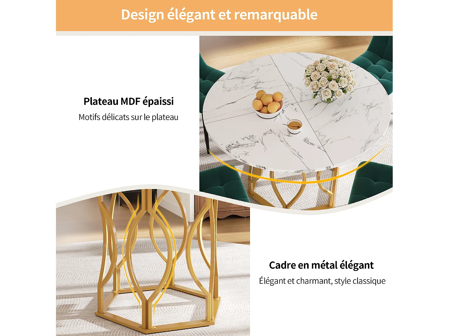 Table à manger ronde avec plateau en placage effet marbre blanc, cadre en métal doré - 100x100x76cm