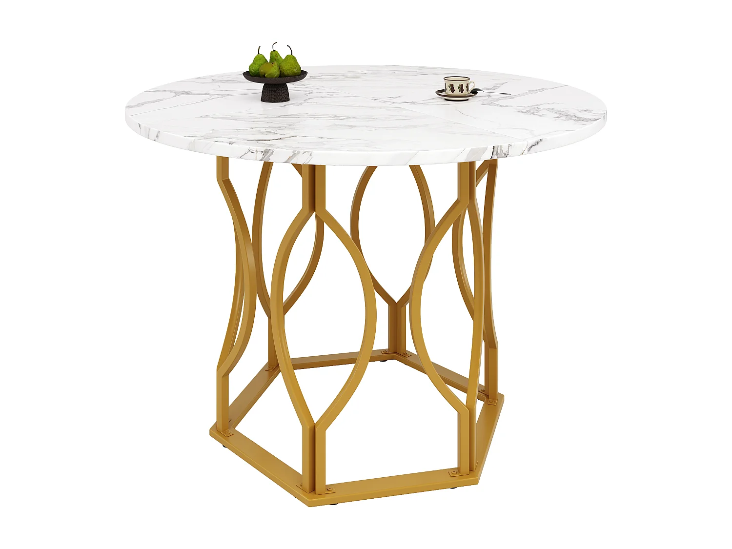 Table à manger ronde avec plateau en placage effet marbre blanc, cadre en métal doré - 100x100x76cm