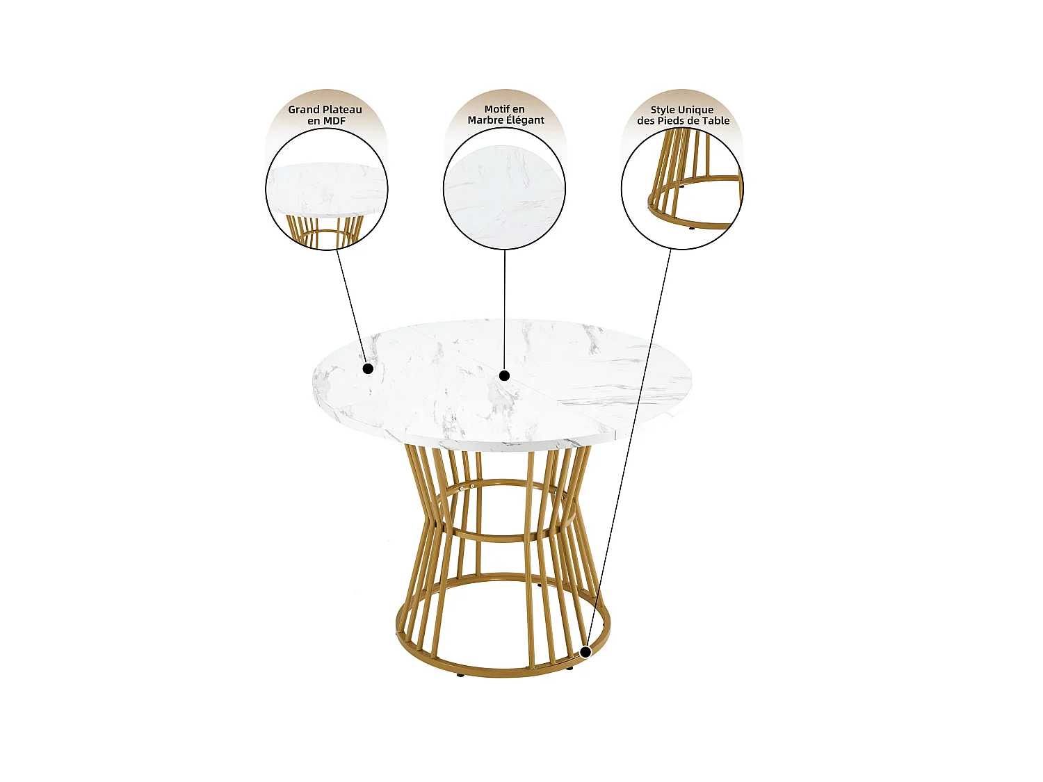 Table à manger ronde avec plateau en placage marbre blanc, pieds central en métal doré - 100x100x75cm
