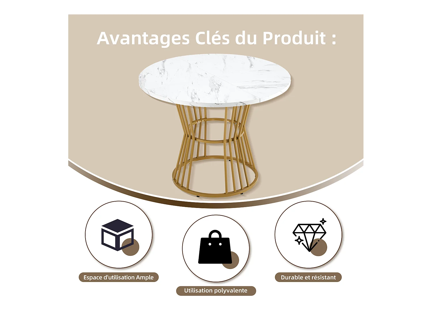 Ronde eettafel met wit marmeren fineerblad, centrale gouden metalen poten - 100x100x75cm