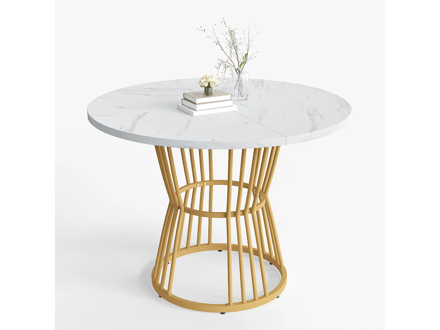 Ronde eettafel met wit marmeren fineerblad, centrale gouden metalen poten - 100x100x75cm