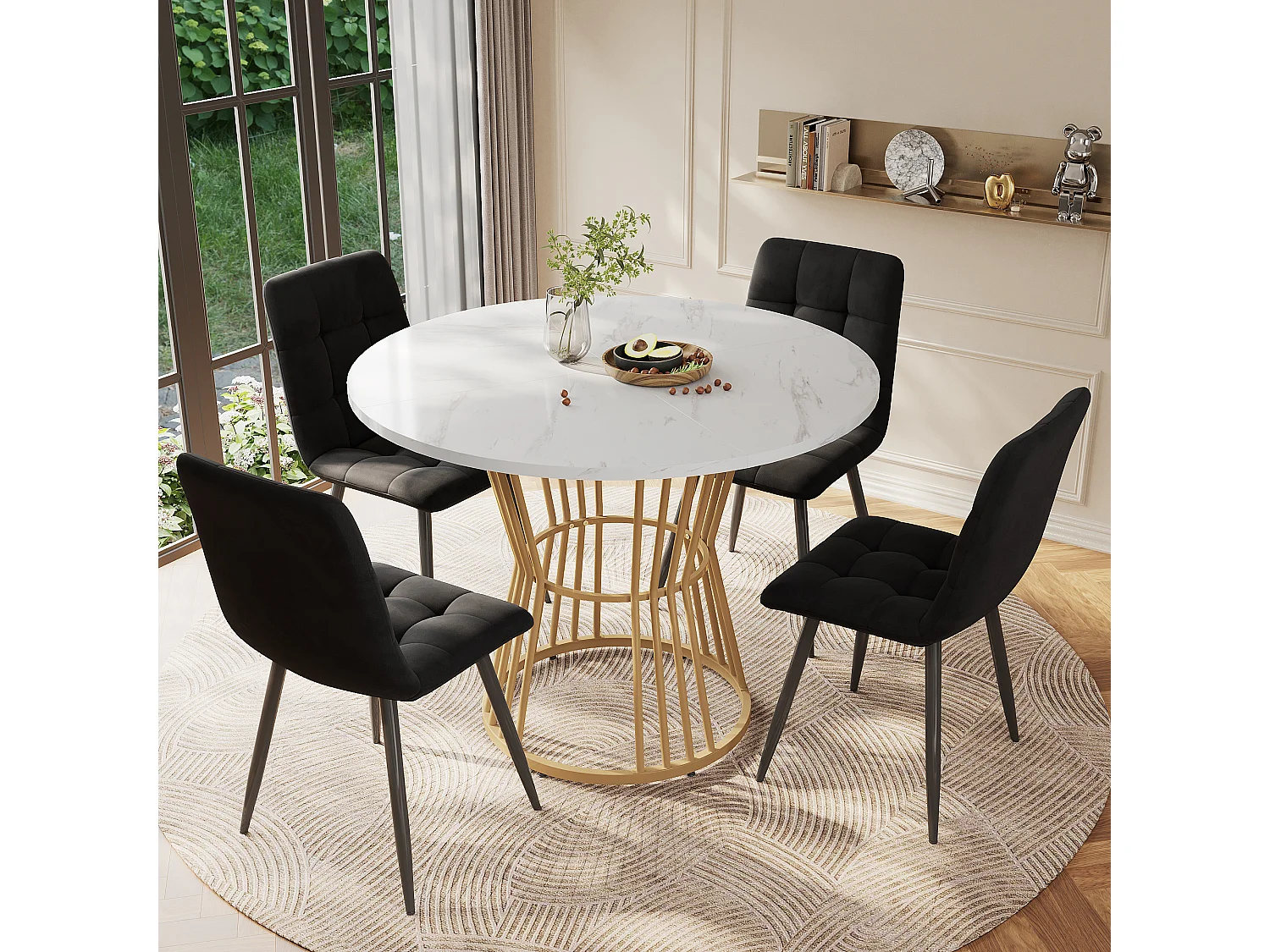Ronde eettafel met wit marmeren fineerblad, centrale gouden metalen poten - 100x100x75cm