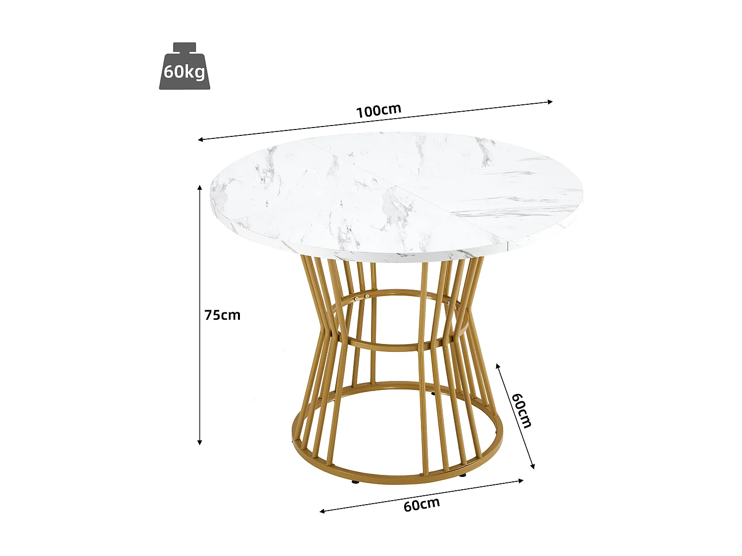 Ronde eettafel met wit marmeren fineerblad, centrale gouden metalen poten - 100x100x75cm