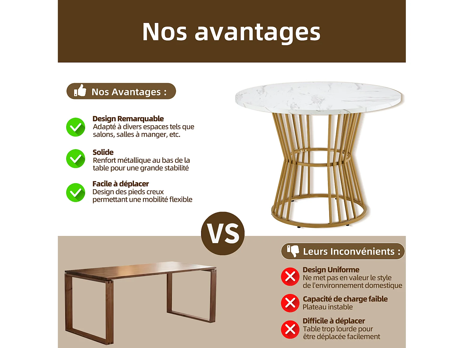 Ronde eettafel met wit marmeren fineerblad, centrale gouden metalen poten - 100x100x75cm