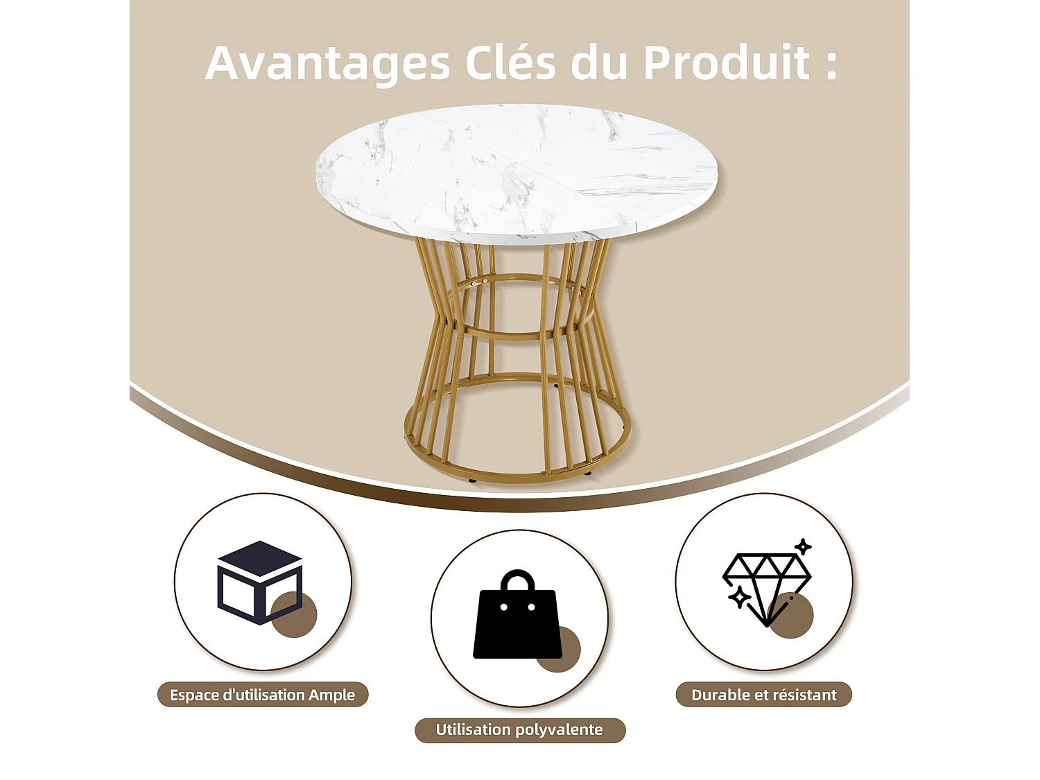 Ronde eettafel met wit marmeren fineerblad, centrale gouden metalen poten - 100x100x75cm