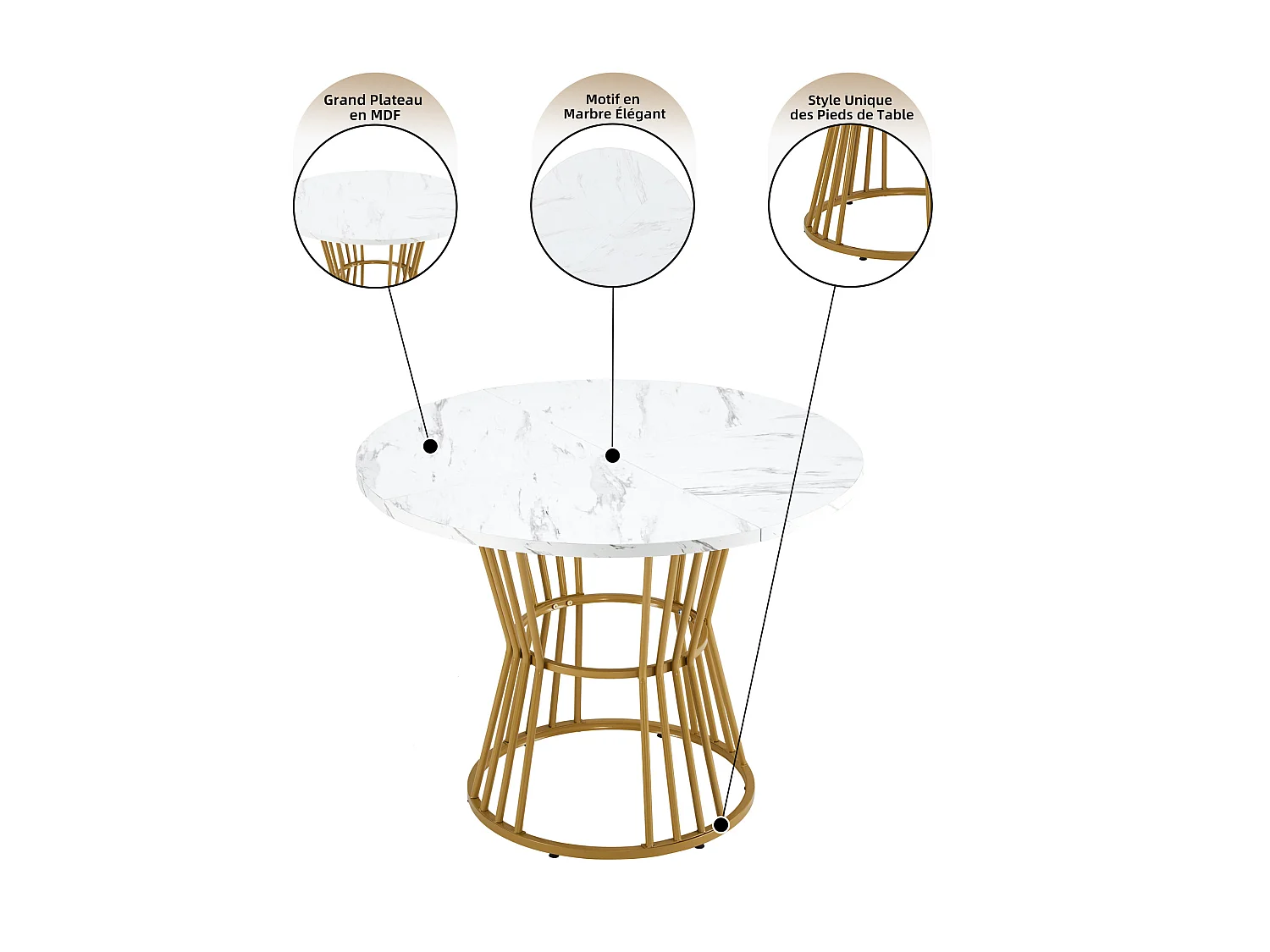 Ronde eettafel met wit marmeren fineerblad, centrale gouden metalen poten - 100x100x75cm