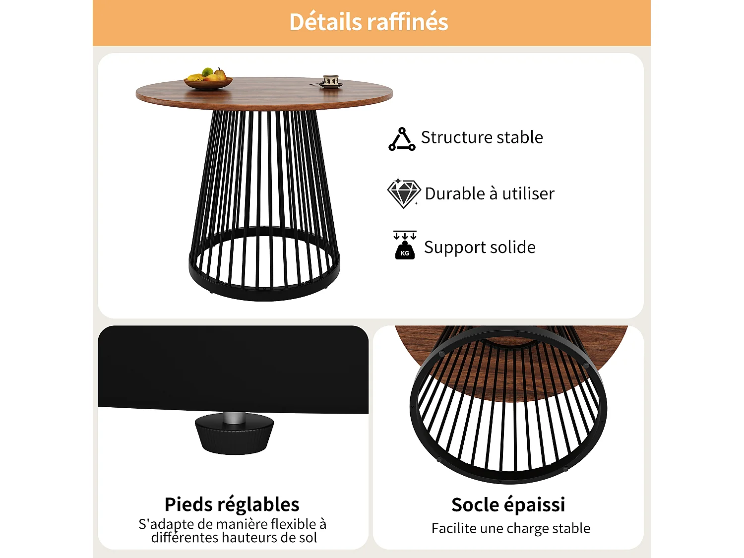 Mesa de comedor redonda con tablero de chapa de madera veteada marrón, patas centrales de metal negro - 80x80x76cm