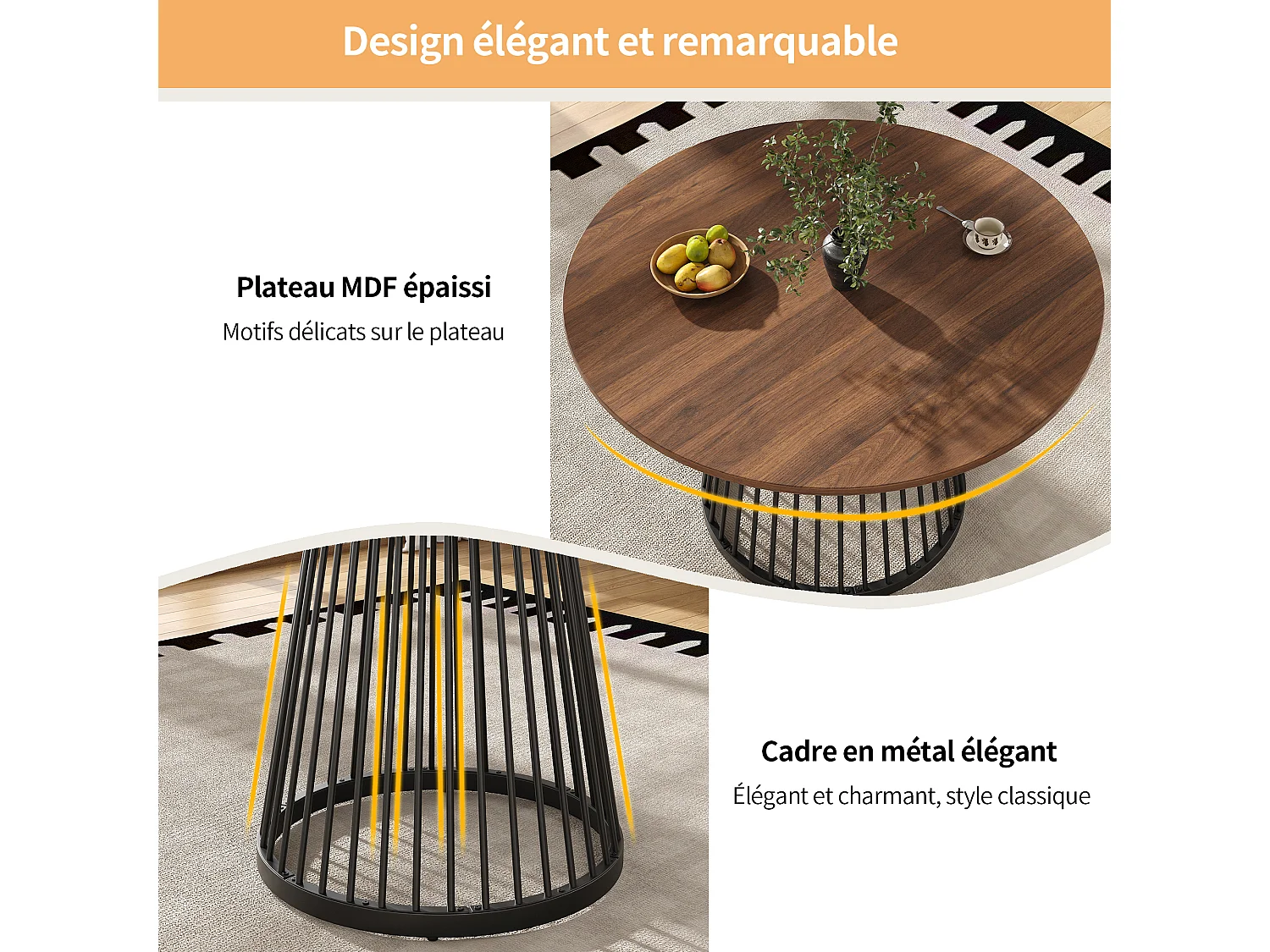 Mesa de comedor redonda con tablero de chapa de madera veteada marrón, patas centrales de metal negro - 80x80x76cm