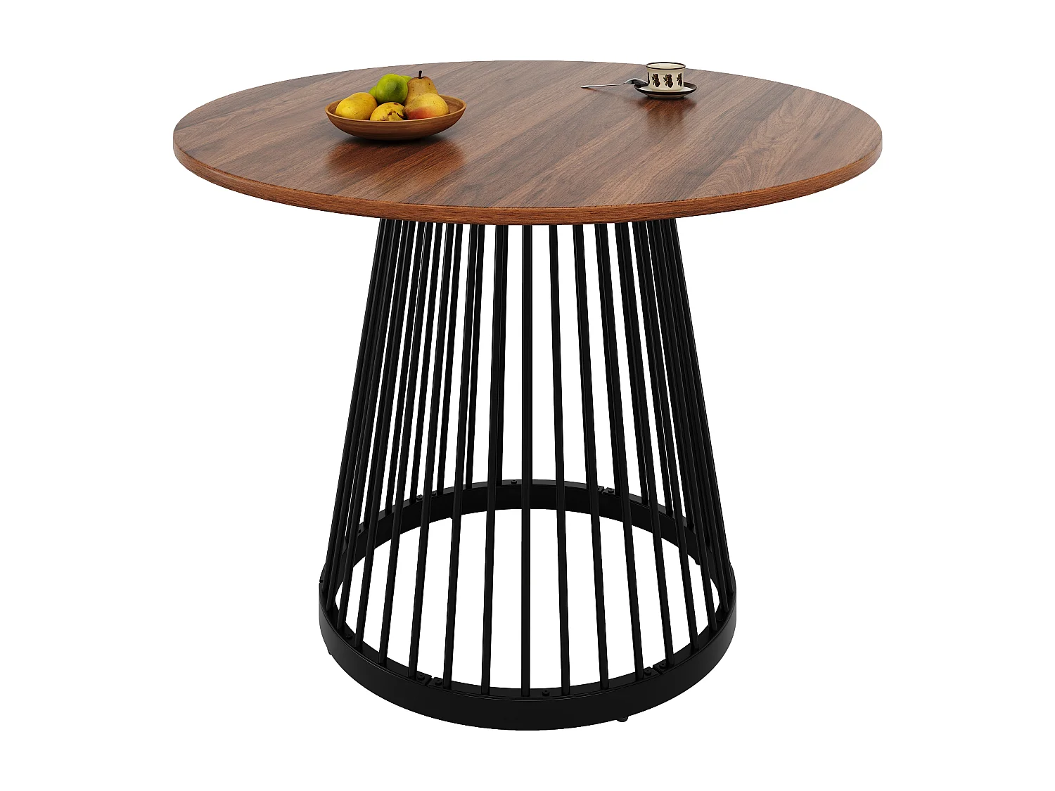Mesa de comedor redonda con tablero de chapa de madera veteada marrón, patas centrales de metal negro - 80x80x76cm
