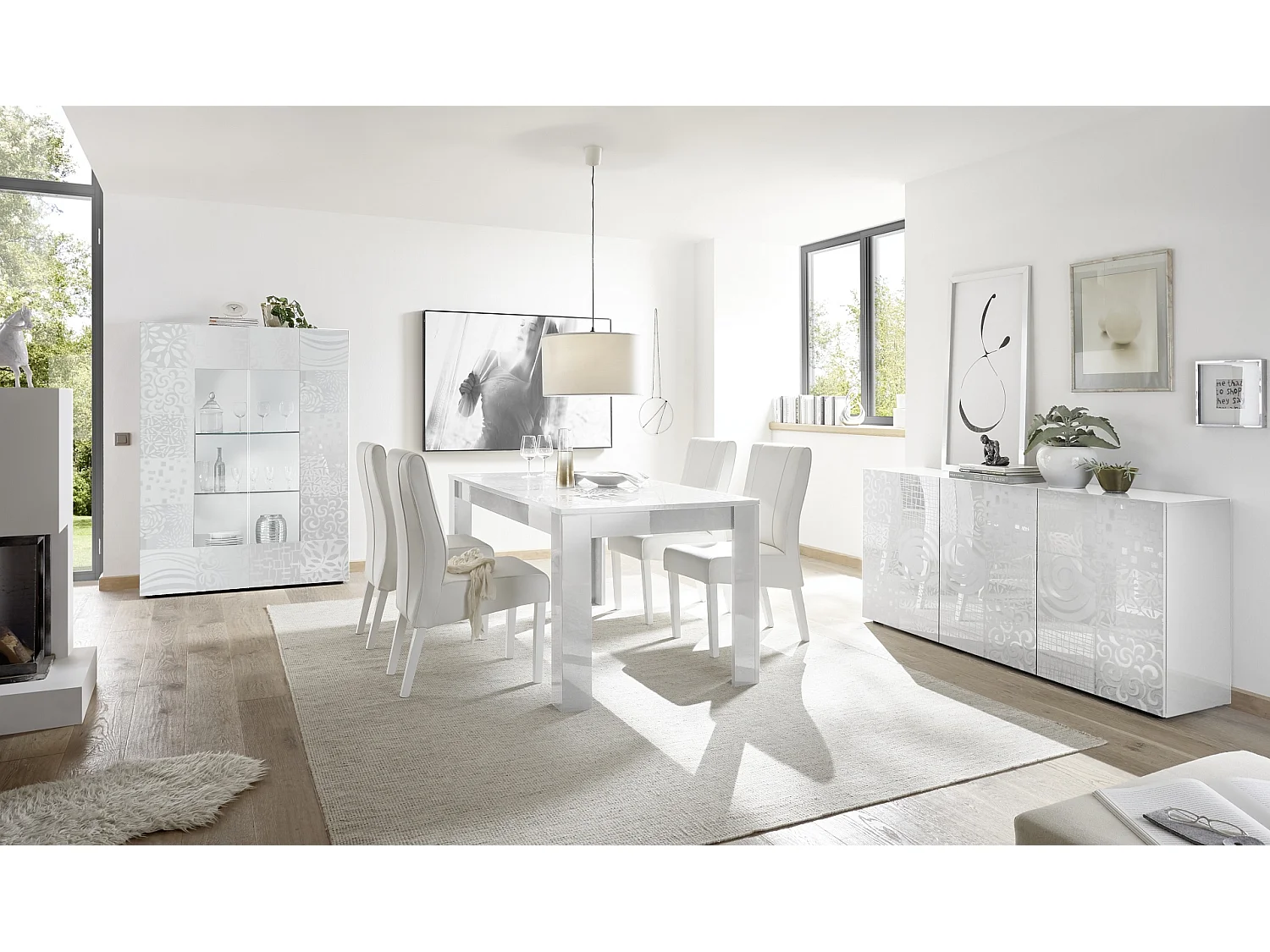 Tavolo da cucina fisso design moderno con disegni geometrici serigrafato 180x90 TCL17 bianco lucido