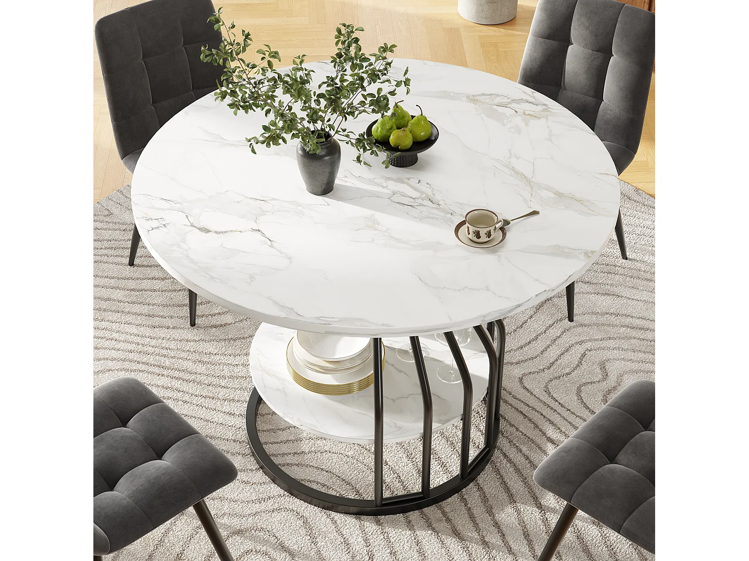 Mesa de jantar redonda com tampo em folheado de mármore branco e prateleira de 1 perna, estrutura de metal preto - 80x80x76cm