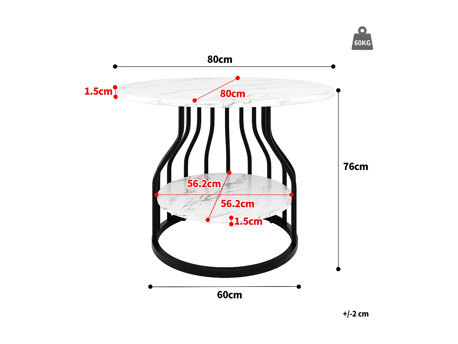 Mesa de jantar redonda com tampo em folheado de mármore branco e prateleira de 1 perna, estrutura de metal preto - 80x80x76cm
