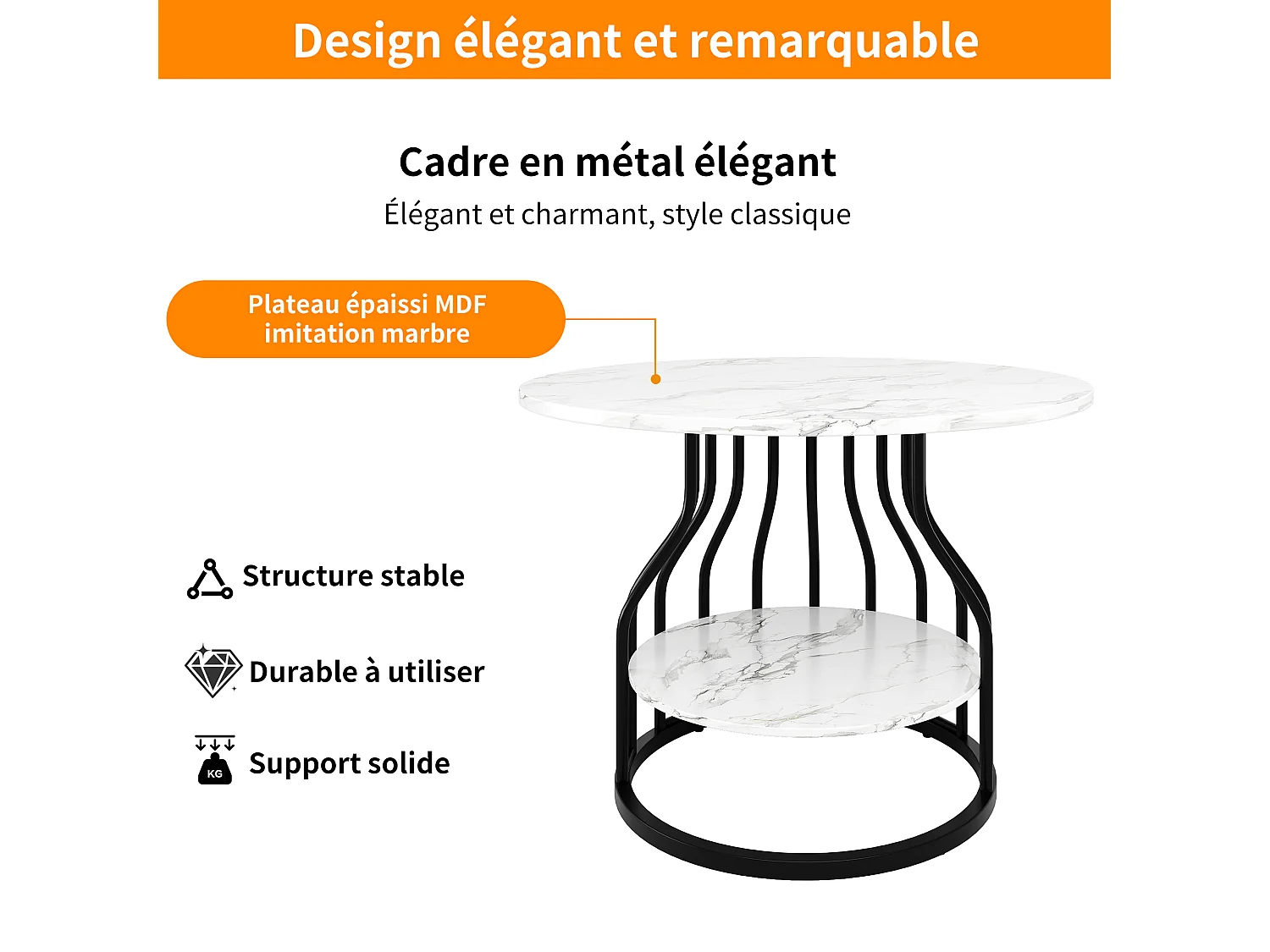 Mesa de jantar redonda com tampo em folheado de mármore branco e prateleira de 1 perna, estrutura de metal preto - 80x80x76cm