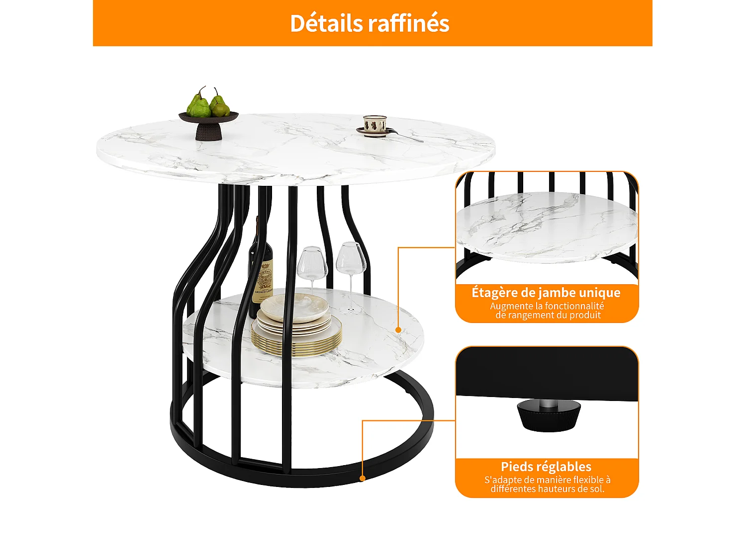 Mesa de jantar redonda com tampo em folheado de mármore branco e prateleira de 1 perna, estrutura de metal preto - 80x80x76cm