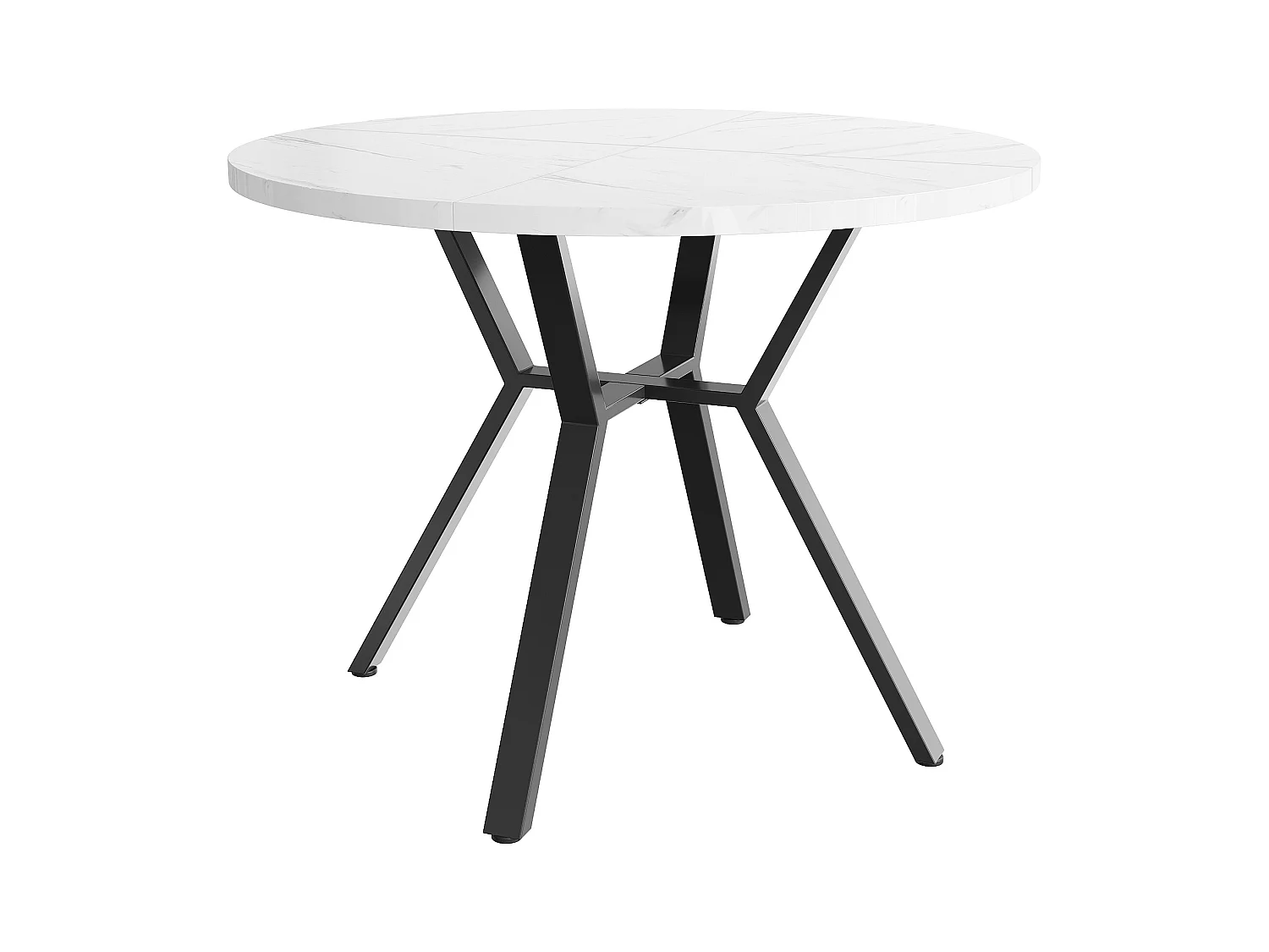 Ronde eettafel met wit marmeren fineerblad en zwarte metalen gekruiste poten - 100x100x75cm