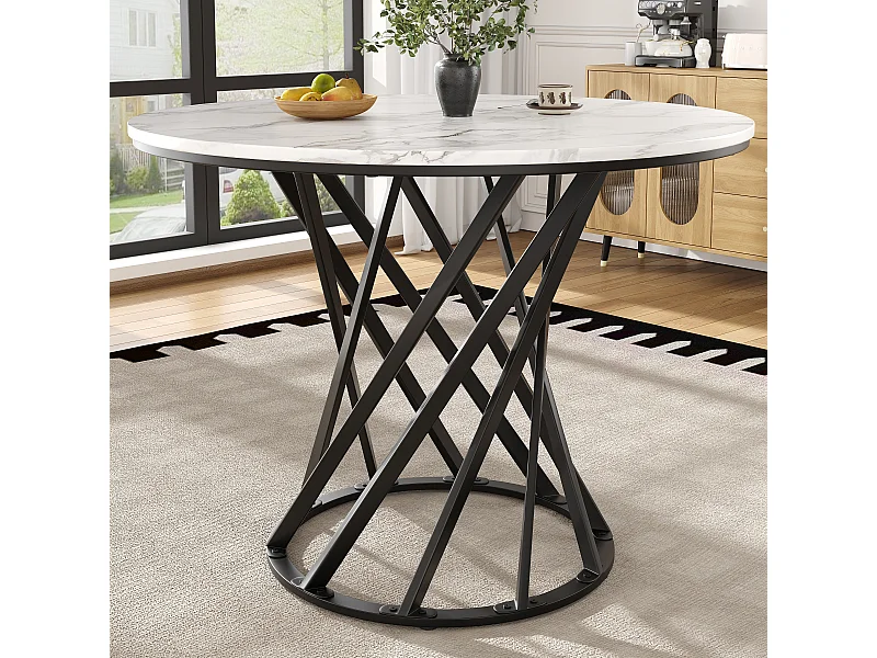 Table à manger ronde avec plateau en placage marbre blanc, pieds spiral en métal noir - 80x80x76cm