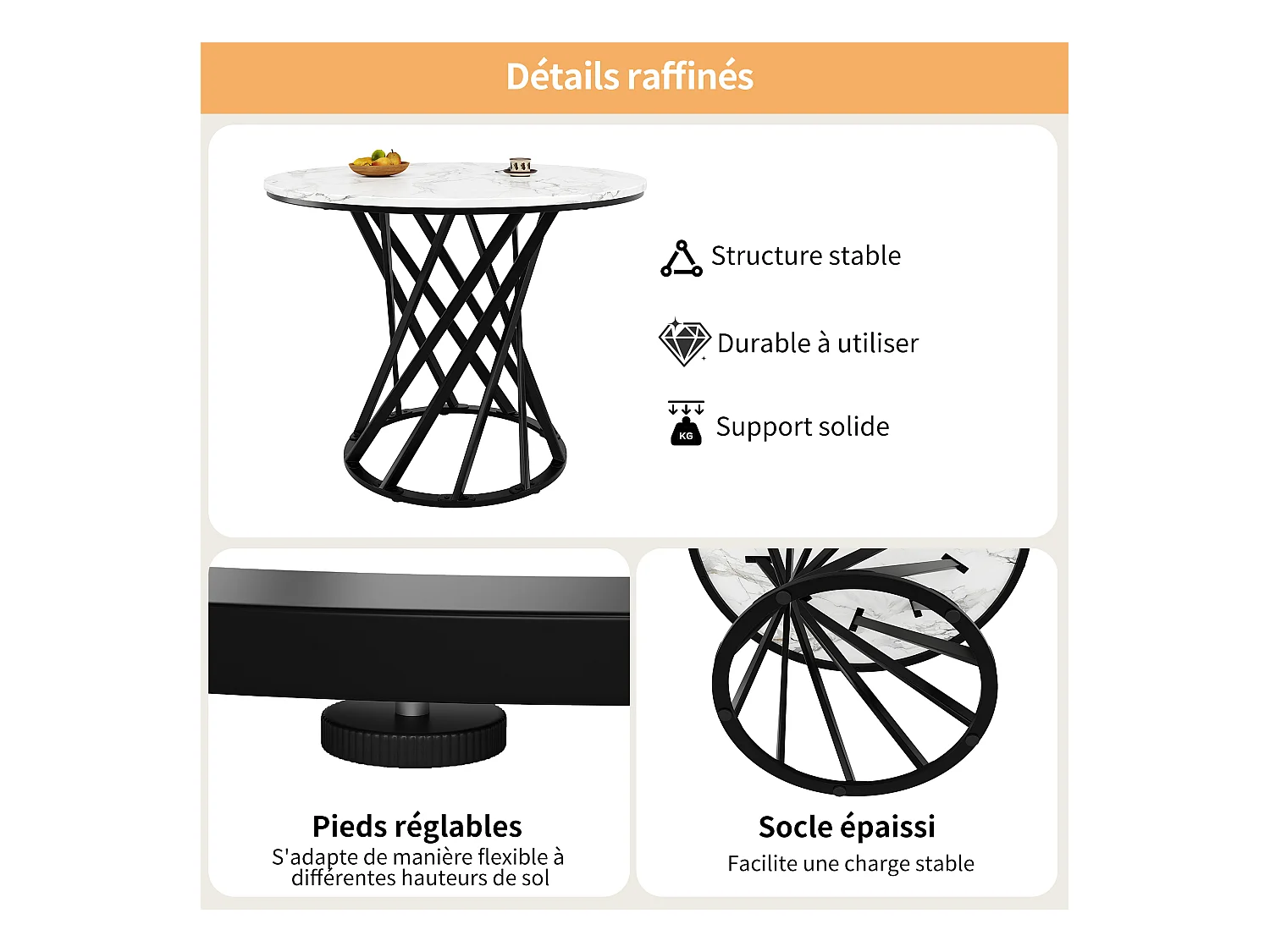 Ronde eettafel met wit marmeren fineerblad en zwarte metalen spiraalpoten - 80x80x76cm