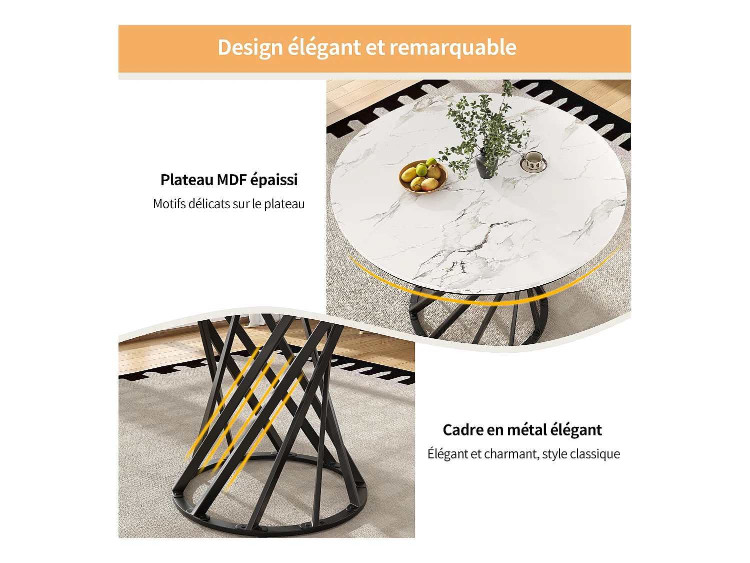 Ronde eettafel met wit marmeren fineerblad en zwarte metalen spiraalpoten - 80x80x76cm