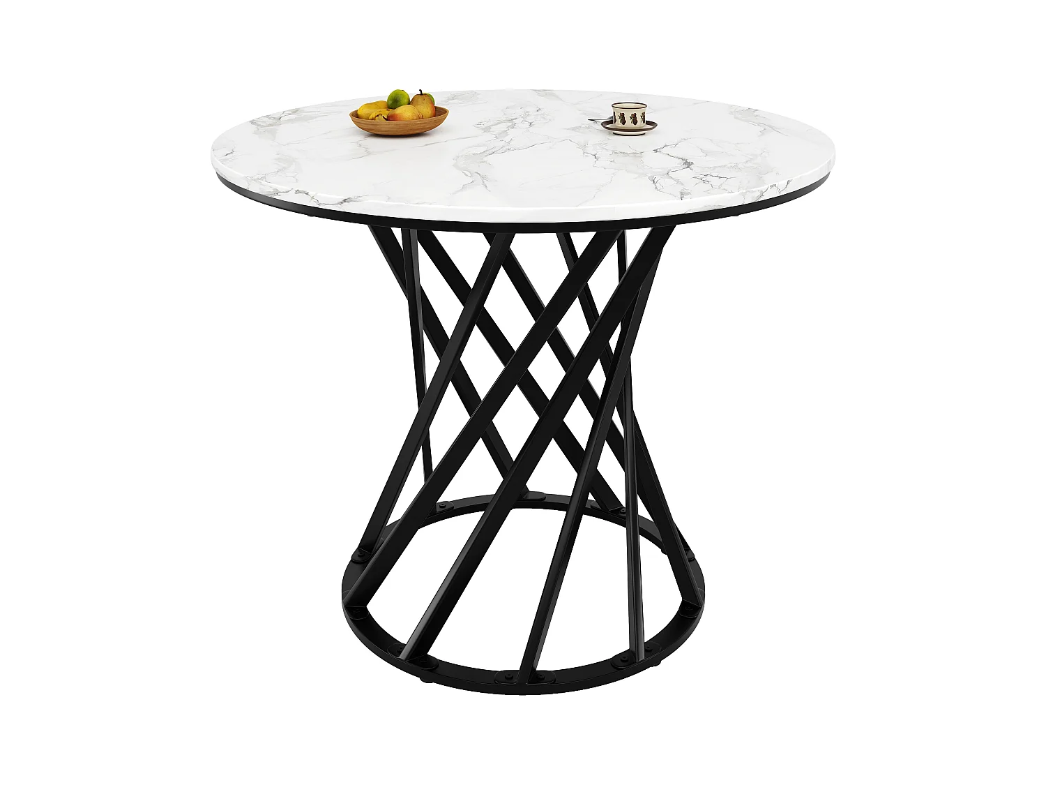 Ronde eettafel met wit marmeren fineerblad en zwarte metalen spiraalpoten - 80x80x76cm