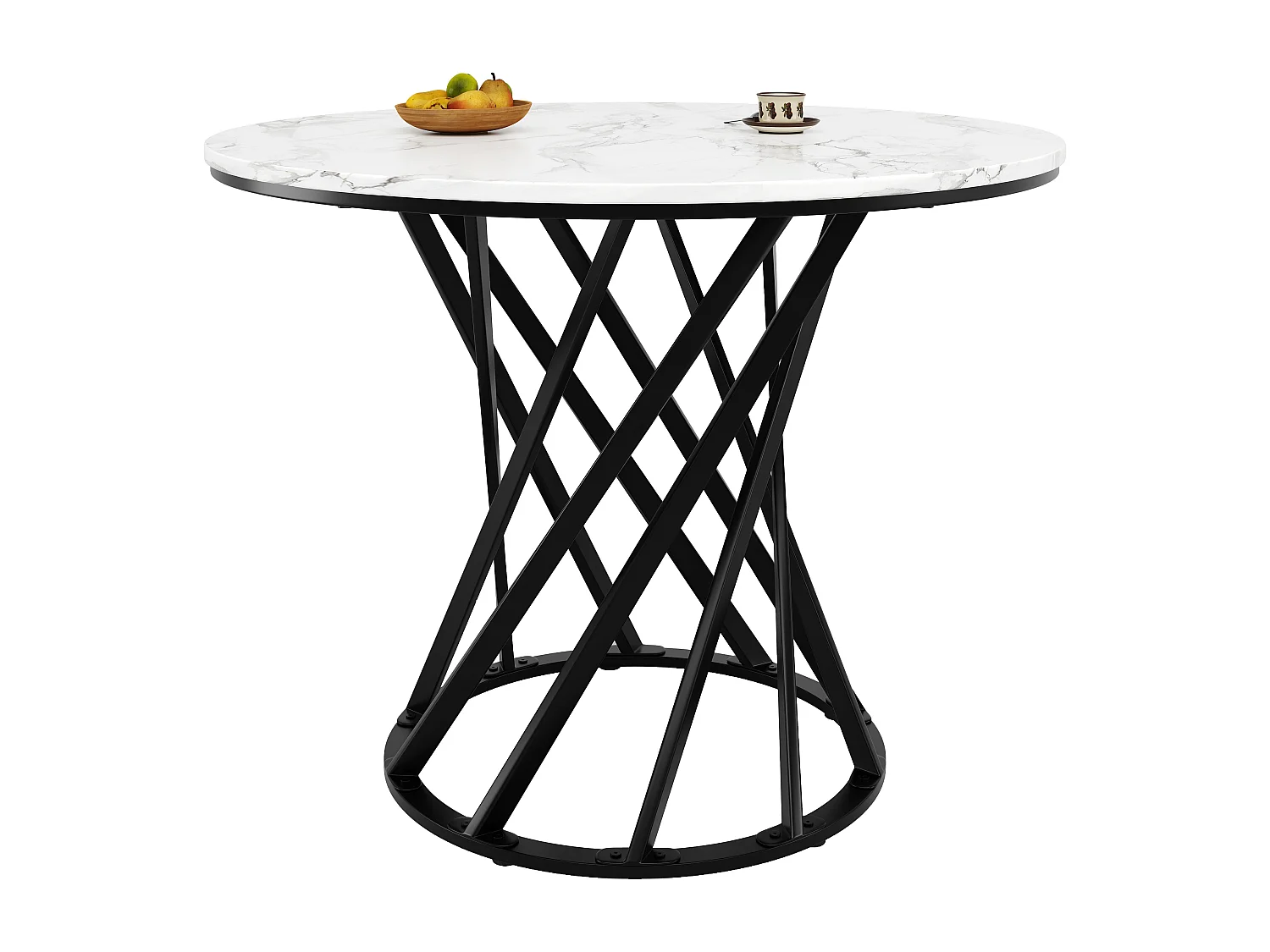 Ronde eettafel met wit marmeren fineerblad en zwarte metalen spiraalpoten - 80x80x76cm