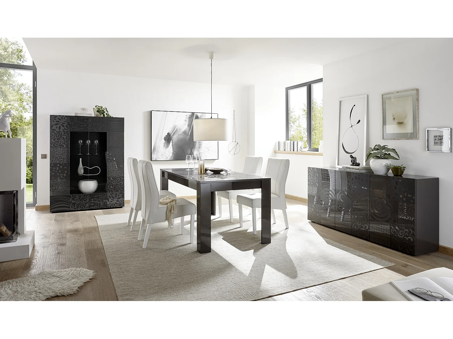 Tavolo da cucina fisso design moderno con disegni geometrici serigrafato 180x90 TCL17 grigio lucido