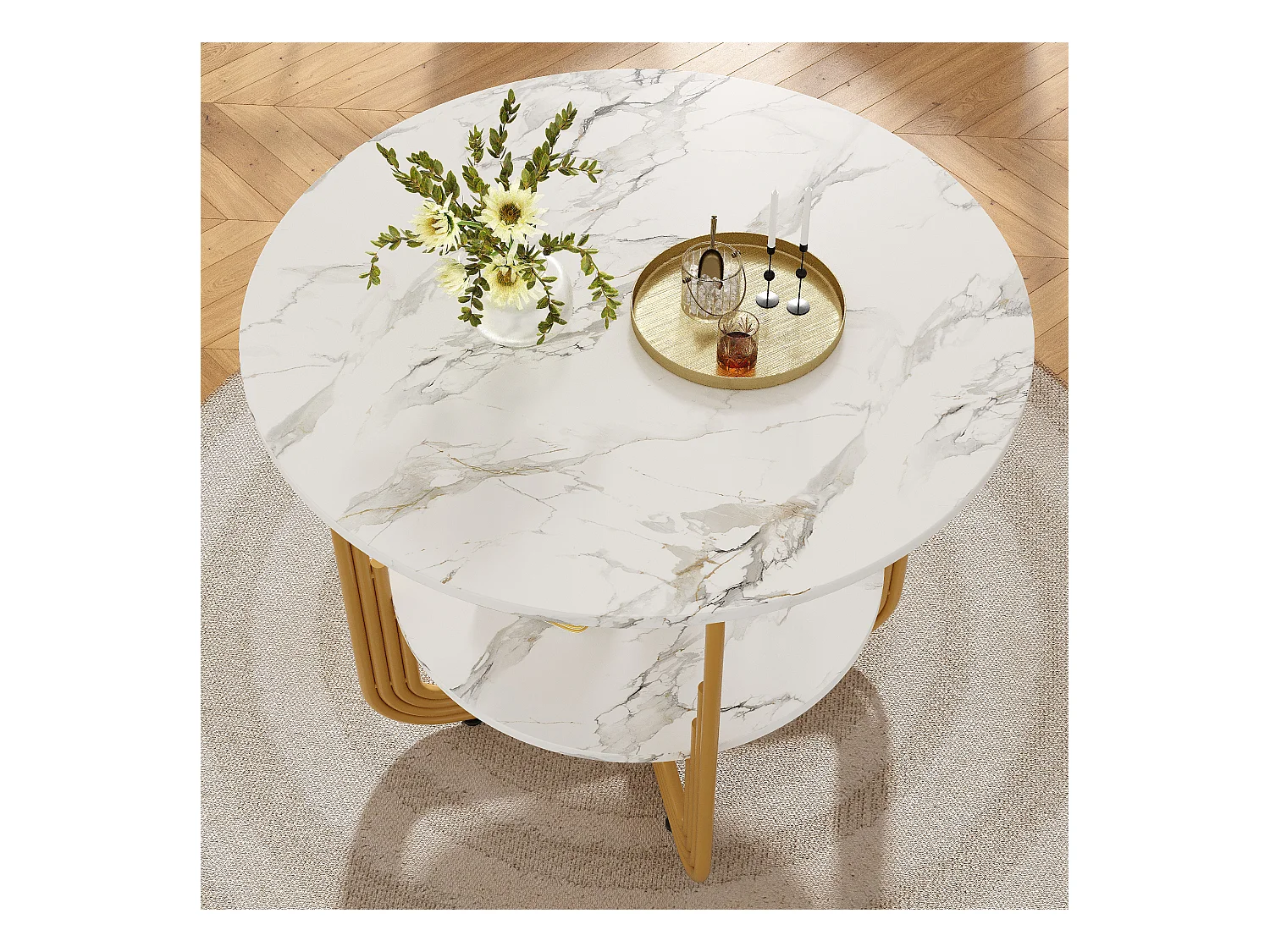 Ronde eettafel met wit marmeren fineer blad en 1 poot plank, goud metalen frame - 80x80x76cm