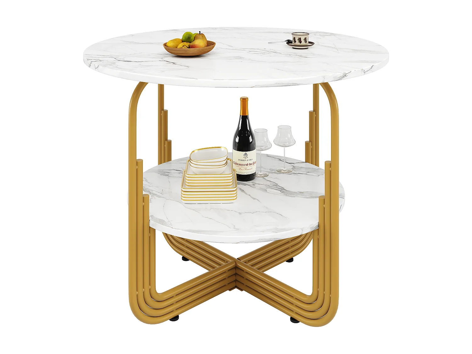 Table à manger ronde avec plateau en placage marbre blanc et  1 étagère de jambe, cadre en métal doré - 80x80x76cm