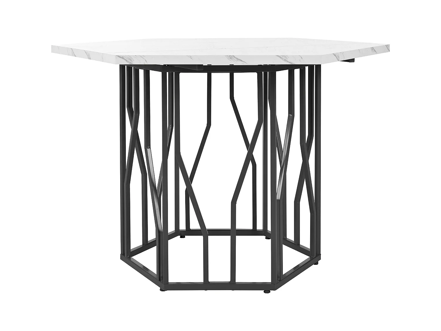 Table à manger hexagonal avec plateau en placage marbre blanc, pieds central en métal noir - 115.5x100x75cm