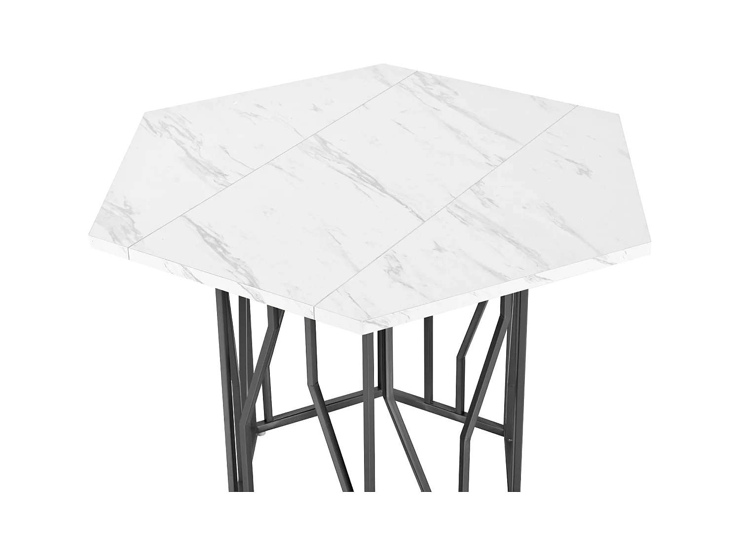 Table à manger hexagonal avec plateau en placage marbre blanc, pieds central en métal noir - 115.5x100x75cm